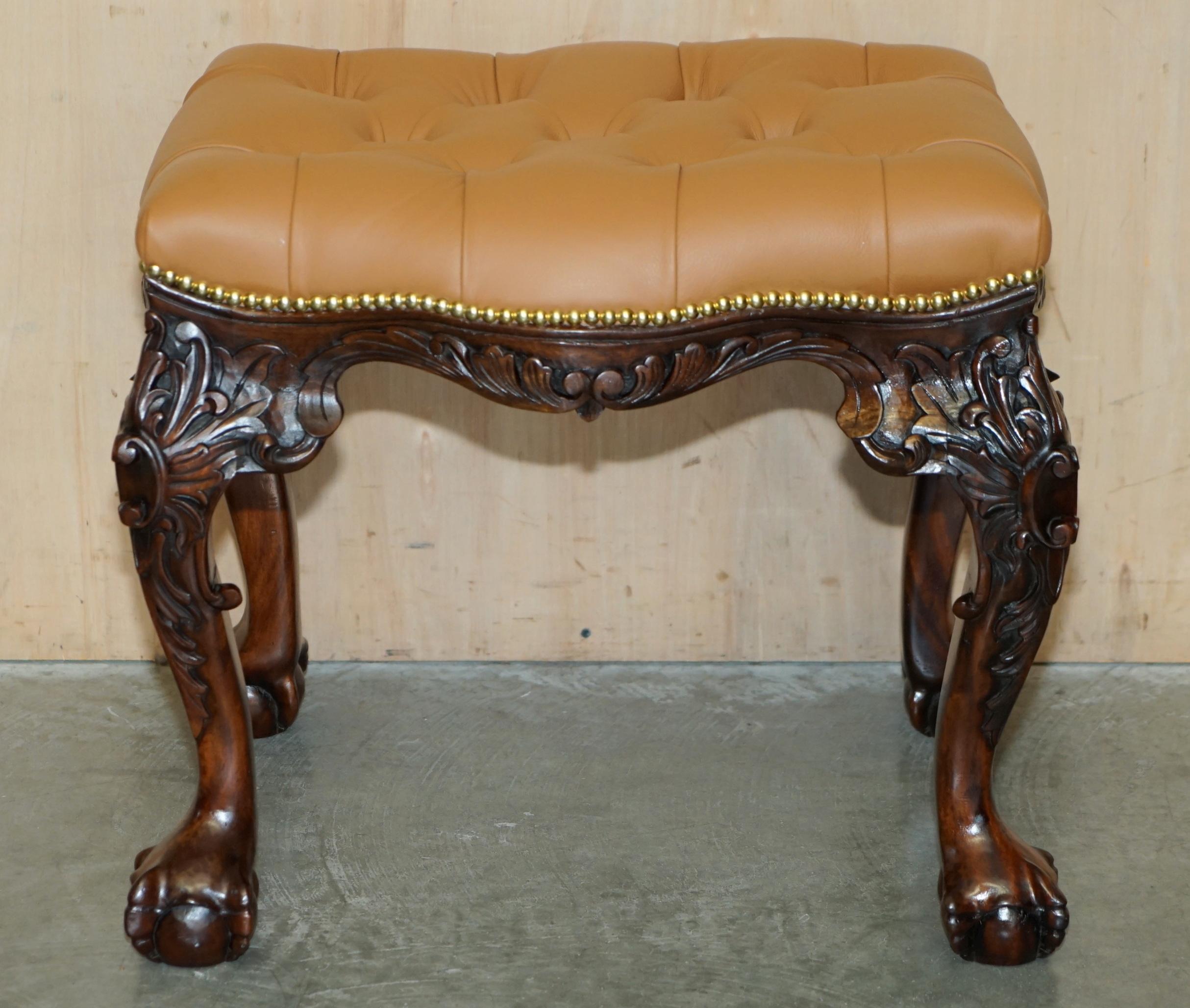 Art Deco RESTORED BROWN LEATHER CLAW & BALL CHESTERFIELD PIANO OR DRESSiNG TABLE STOOL For Sale