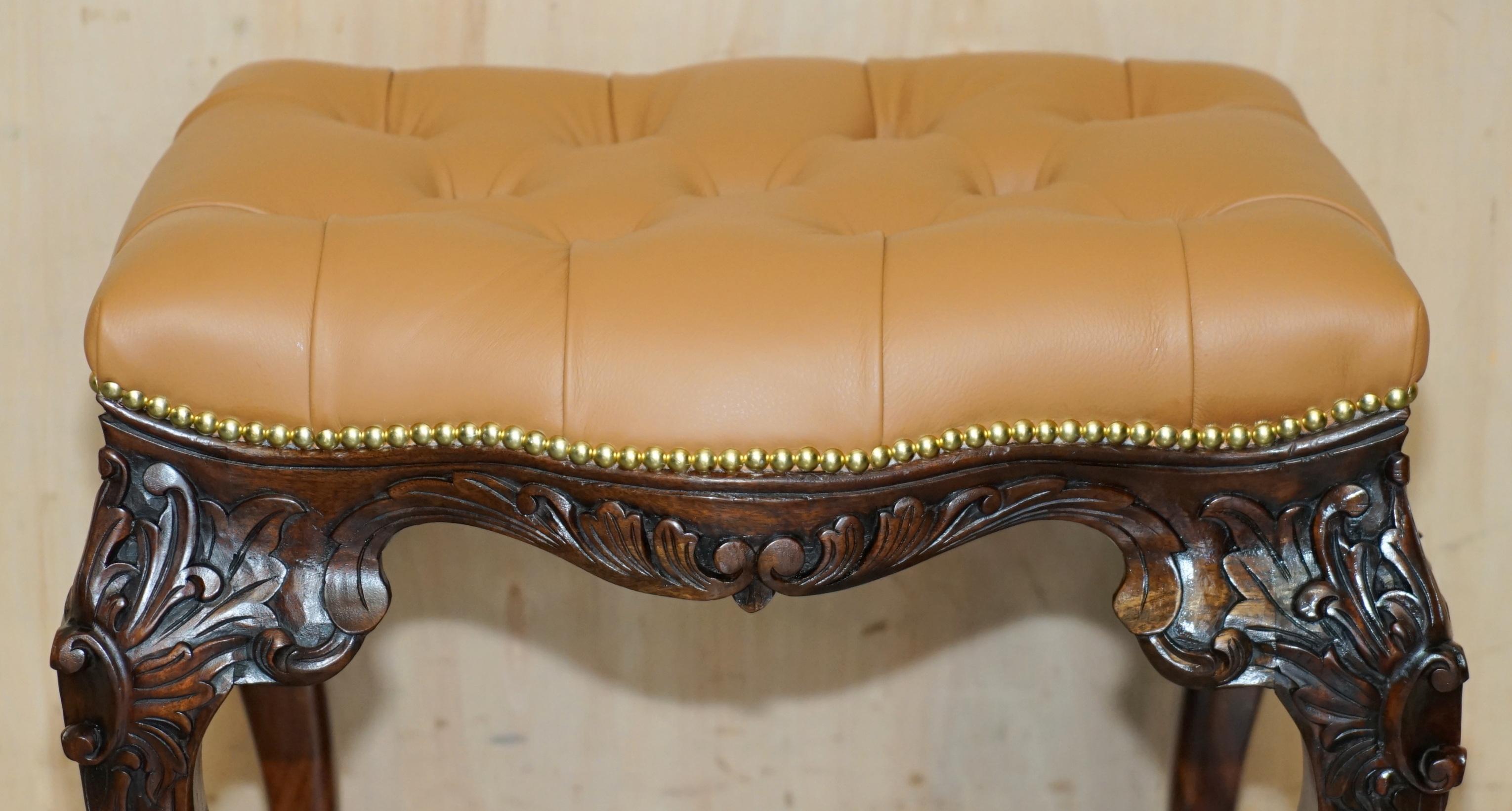 English RESTORED BROWN LEATHER CLAW & BALL CHESTERFIELD PIANO OR DRESSiNG TABLE STOOL For Sale