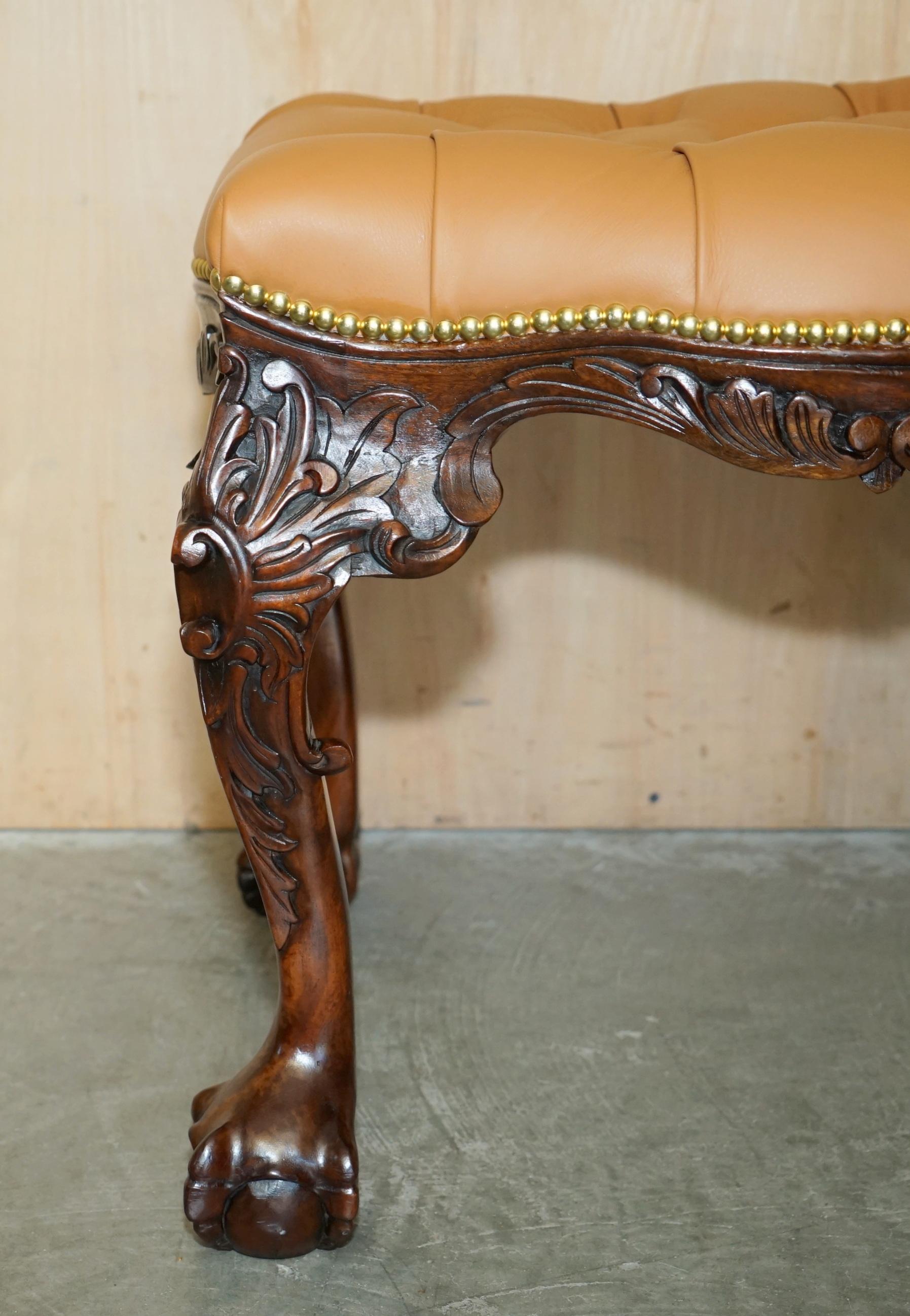 Early 20th Century RESTORED BROWN LEATHER CLAW & BALL CHESTERFIELD PIANO OR DRESSiNG TABLE STOOL For Sale