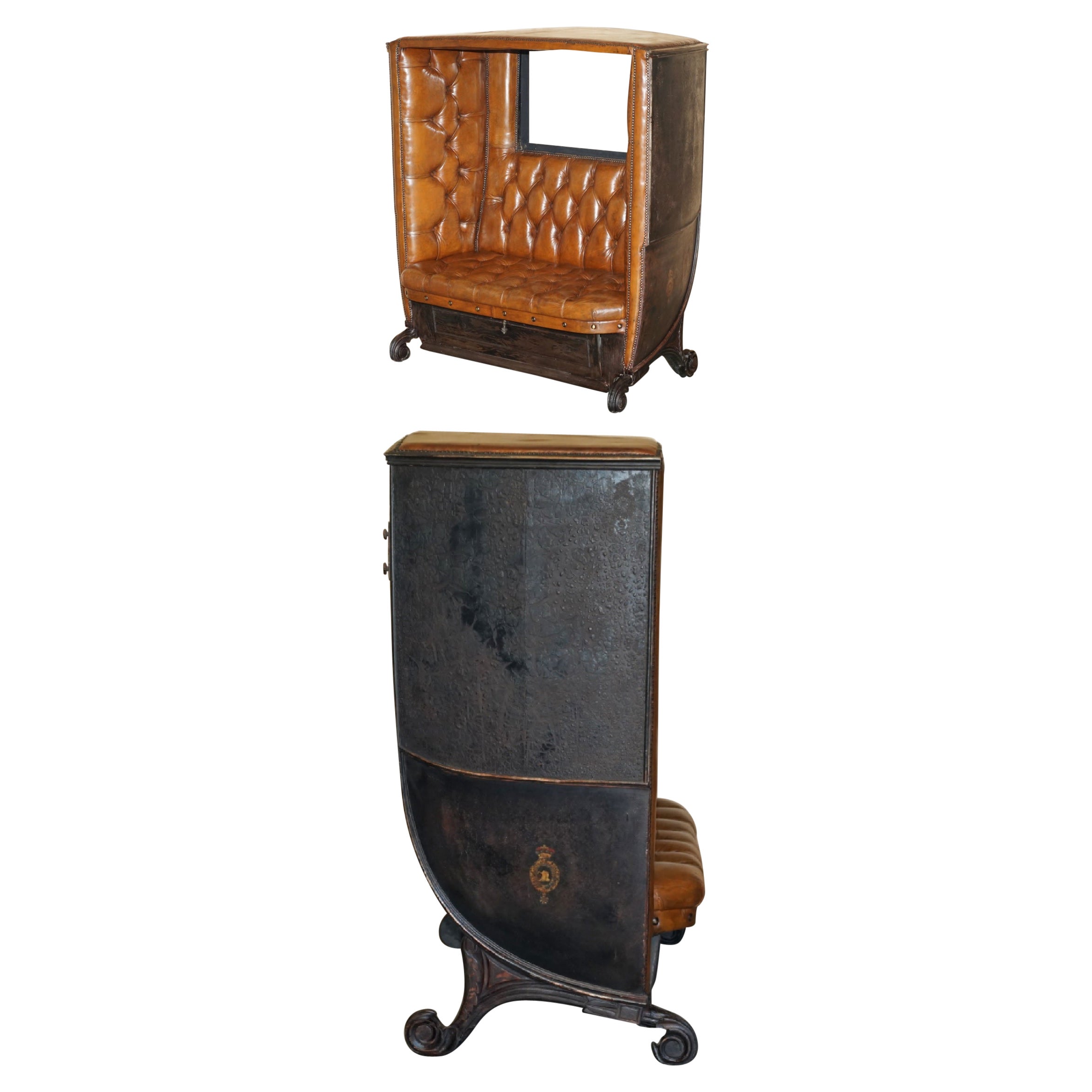 RESTORED BROWN LEATHER ViCTORIAN CARRIAGE SEAT SOFA ROYAL ARMORIAL COAT OF ARMS For Sale