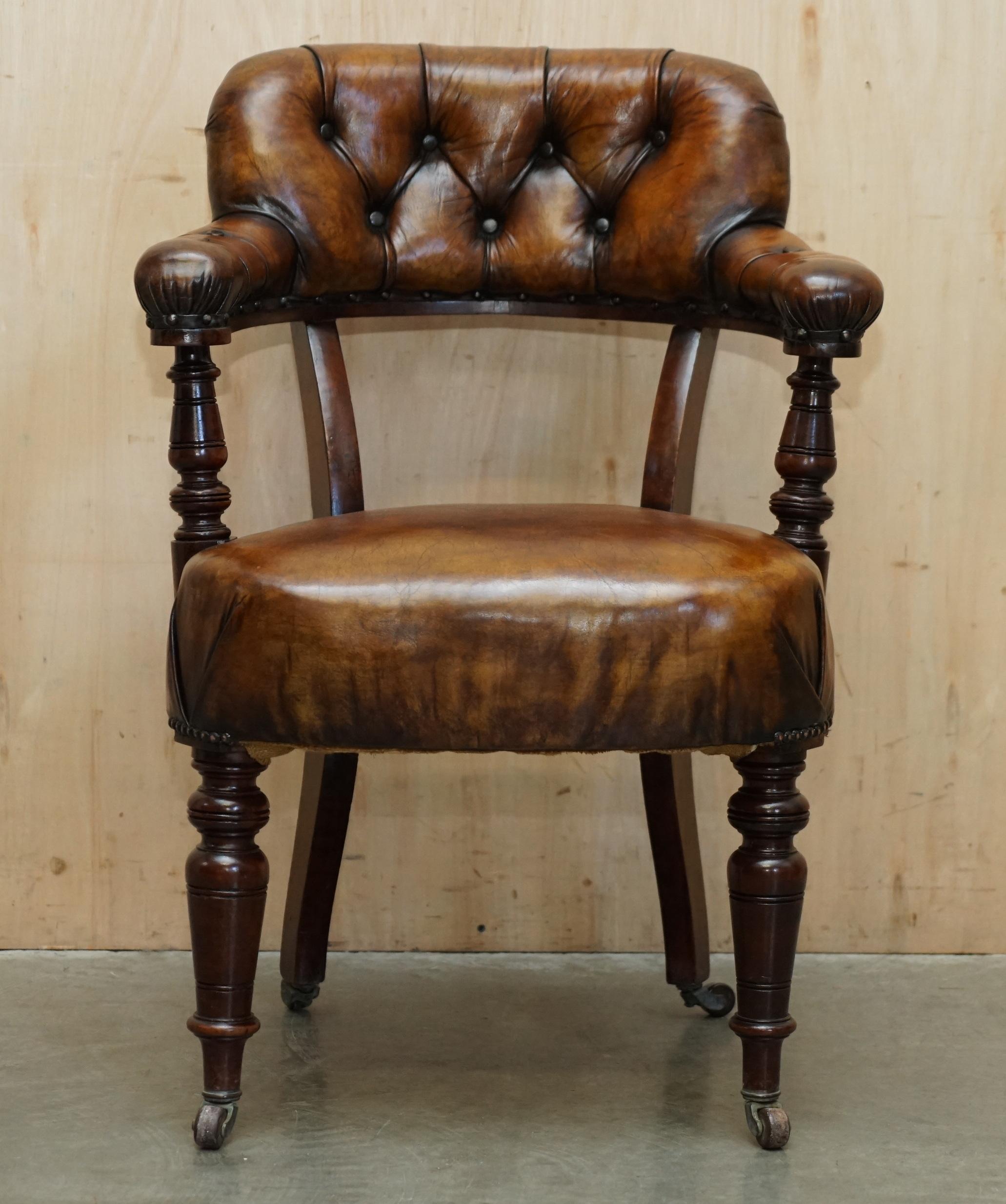 Royal House Antiques

Royal House Antiques is delighted to offer for sale this lovely, antique, fully restored original mahogany framed circa 1830 hand dyed Chesterfield Brown leather directors chair.

Please note the delivery fee listed is just a