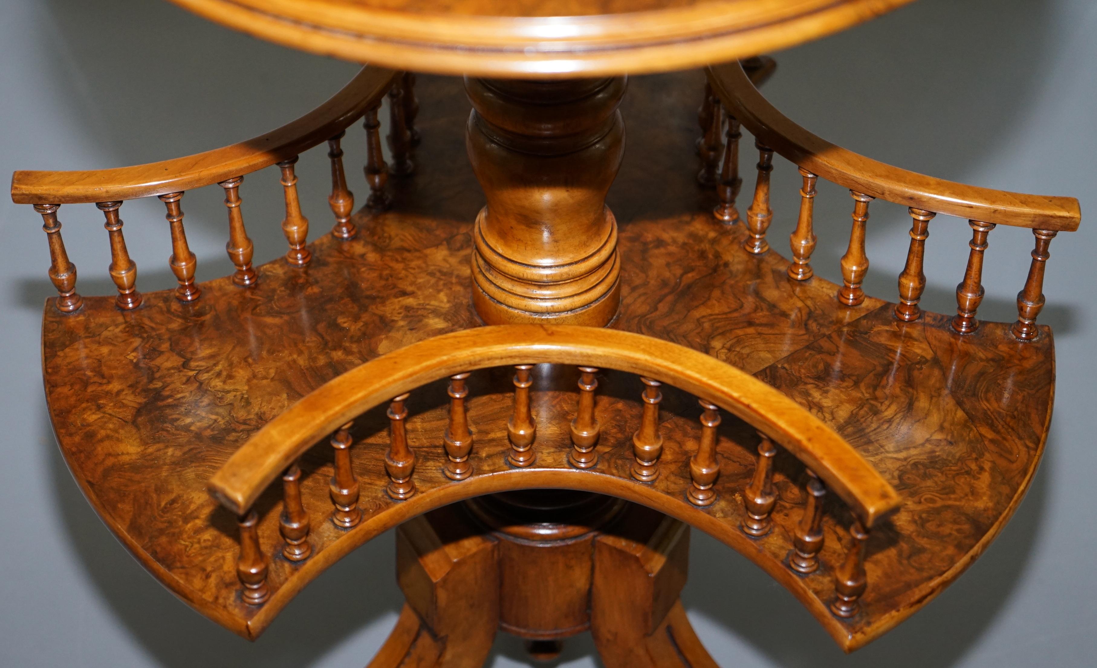 Restored Burr Walnut Victorian Revolving Bookcase Side Lamp Table Gallery Rail 4
