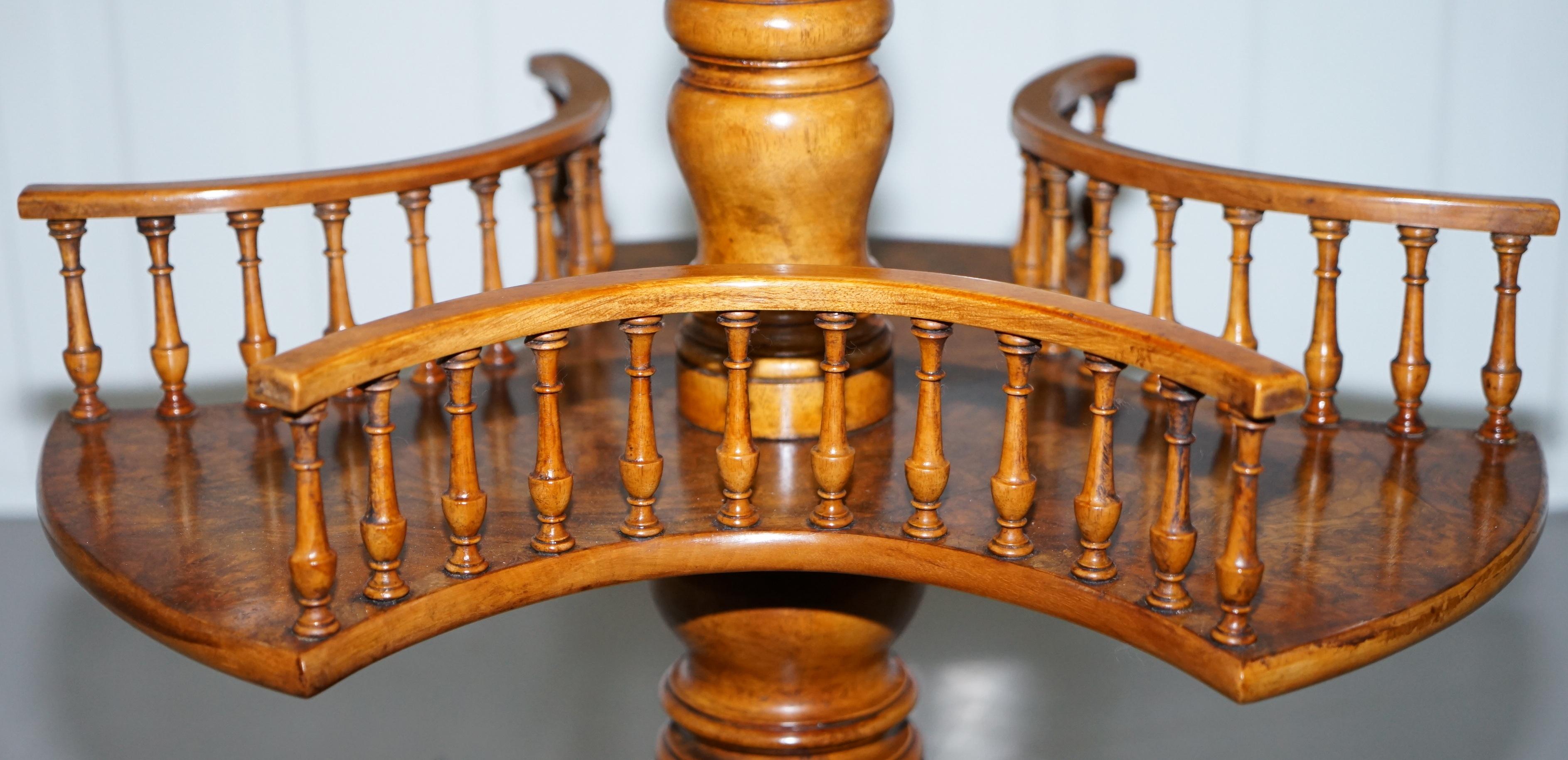 Restored Burr Walnut Victorian Revolving Bookcase Side Lamp Table Gallery Rail 7