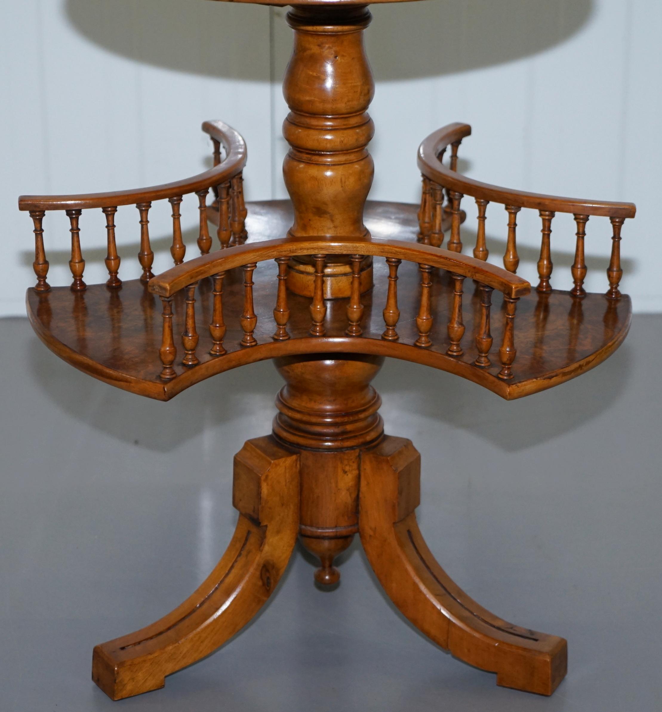 Restored Burr Walnut Victorian Revolving Bookcase Side Lamp Table Gallery Rail 1