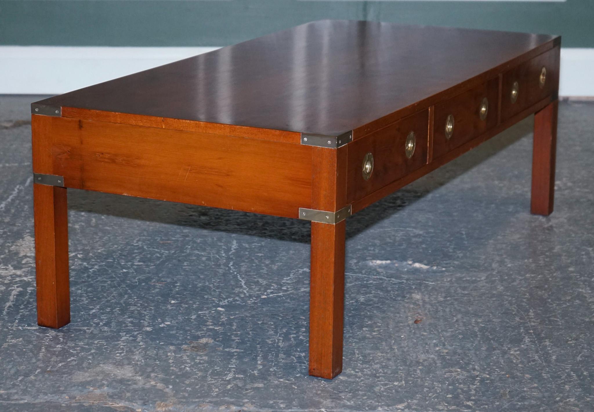 Restored Burr Yew & Elm Wood Brass Military Campaign Three Drawer Coffee Table For Sale 3