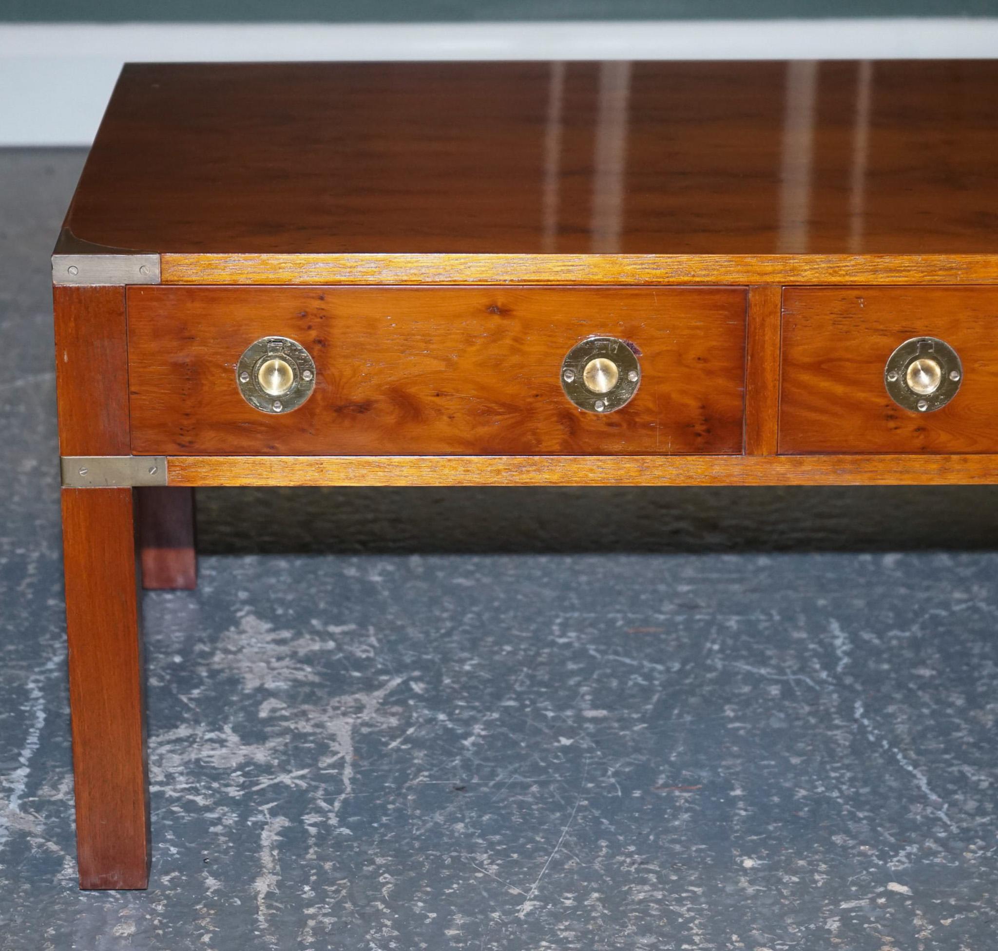 Restored Burr Yew & Elm Wood Brass Military Campaign Three Drawer Coffee Table For Sale 4