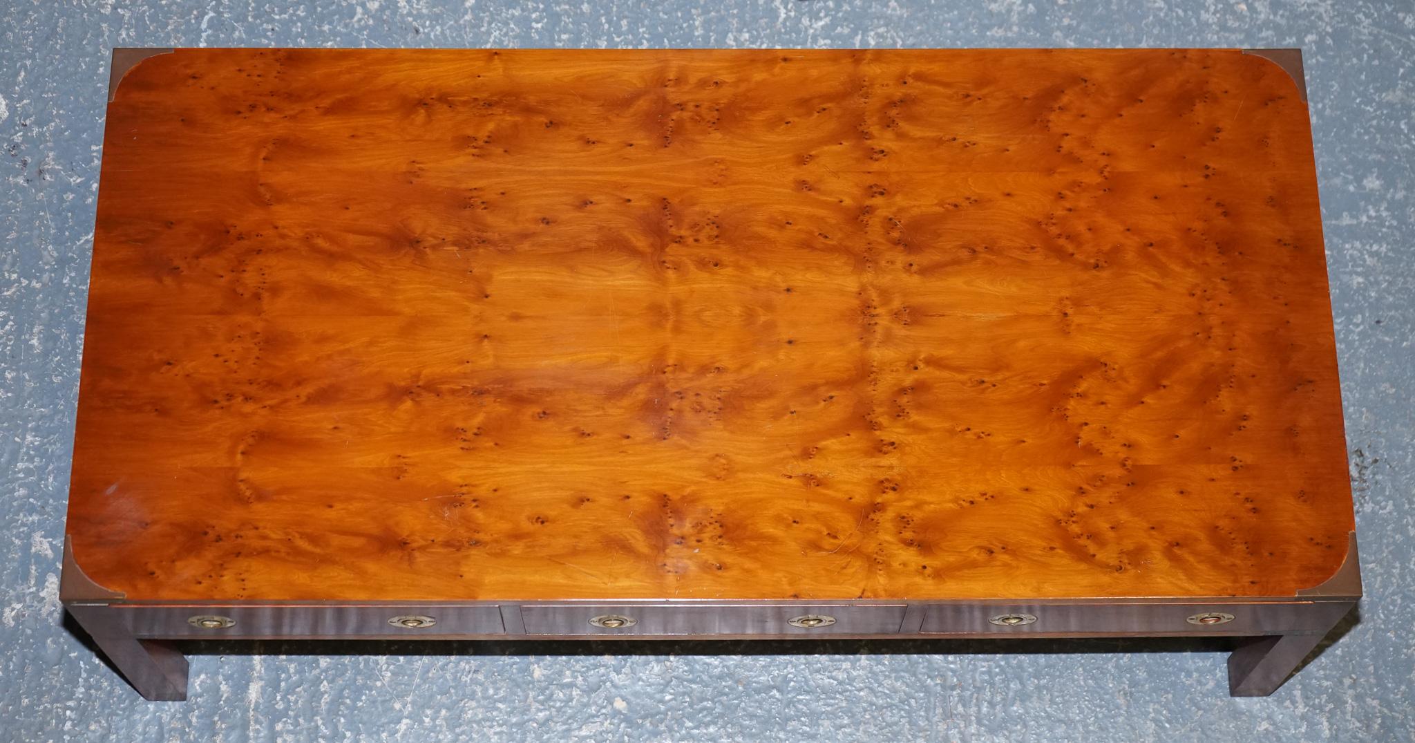 Restored Burr Yew & Elm Wood Brass Military Campaign Three Drawer Coffee Table For Sale 5