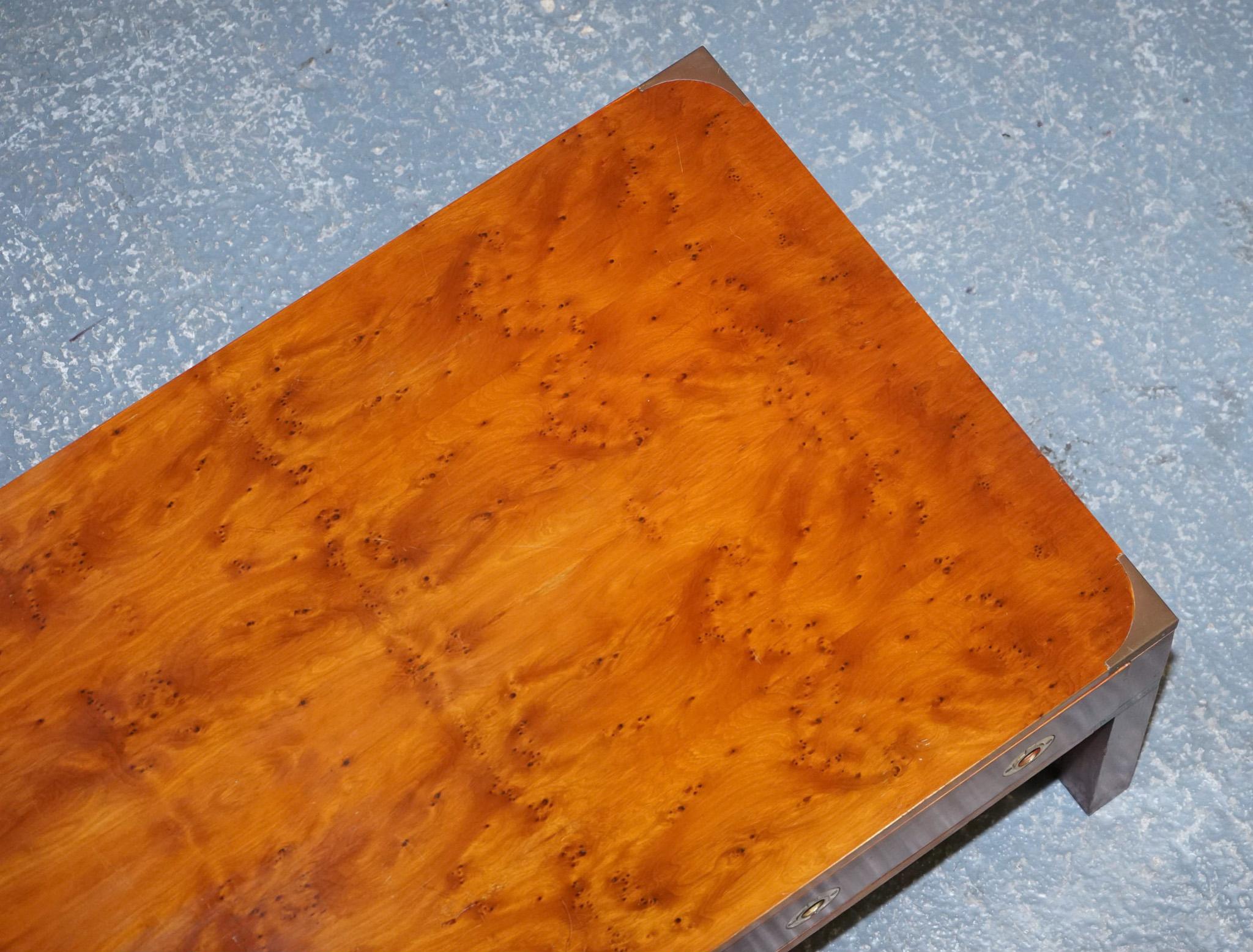 Restored Burr Yew & Elm Wood Brass Military Campaign Three Drawer Coffee Table For Sale 6