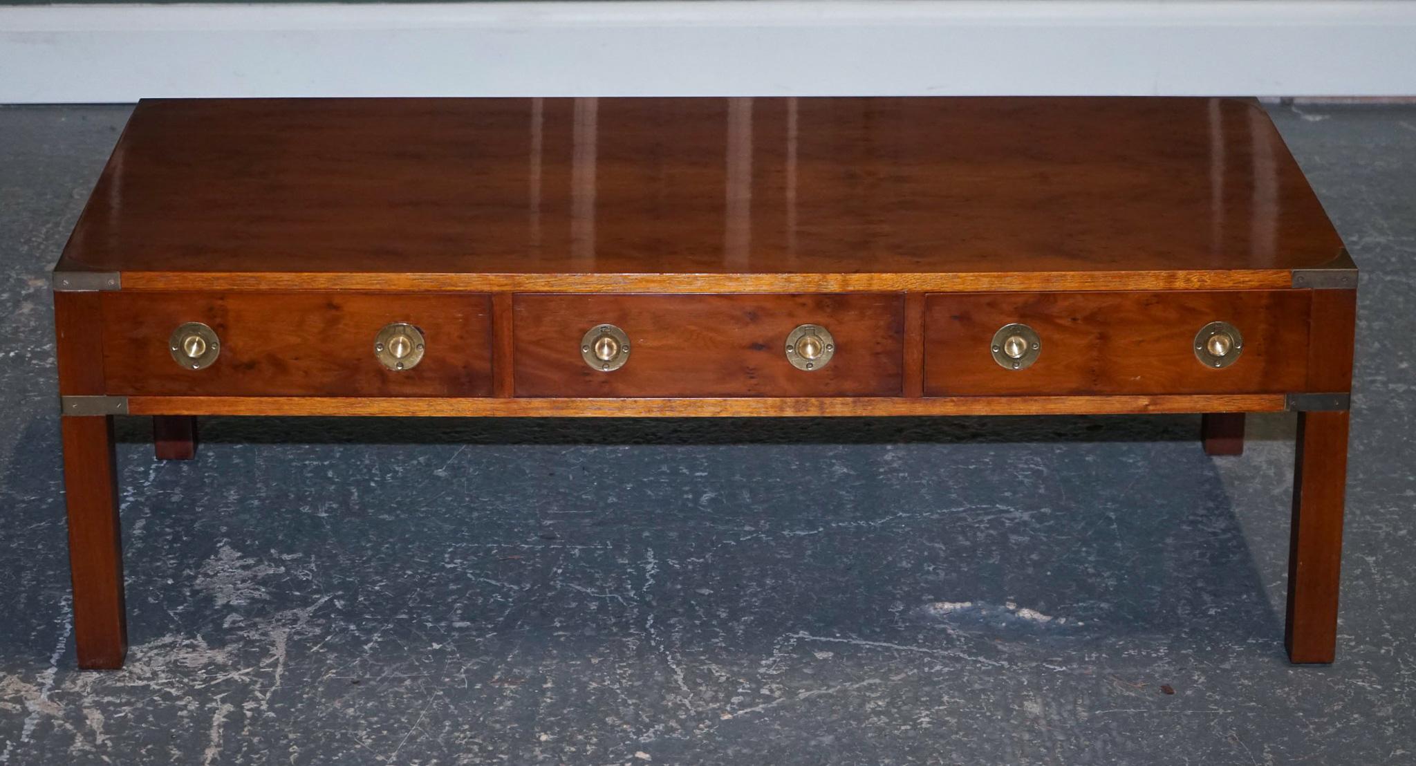 British Restored Burr Yew & Elm Wood Brass Military Campaign Three Drawer Coffee Table For Sale