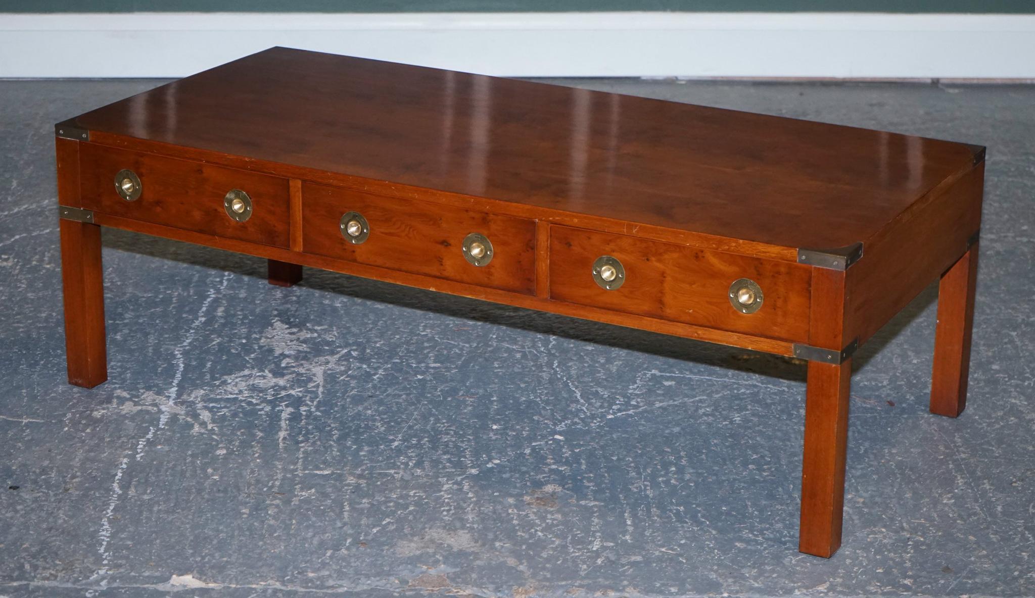 Hand-Crafted Restored Burr Yew & Elm Wood Brass Military Campaign Three Drawer Coffee Table For Sale
