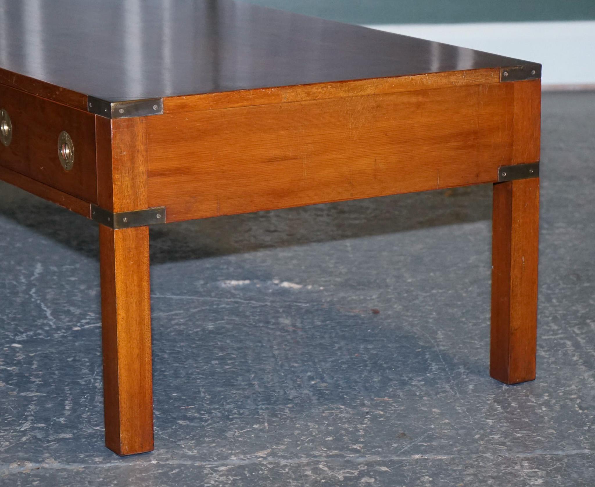 Restored Burr Yew & Elm Wood Brass Military Campaign Three Drawer Coffee Table For Sale 1