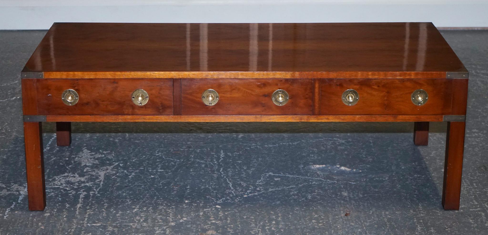 Restored Burr Yew & Elm Wood Brass Military Campaign Three Drawer Coffee Table For Sale 2