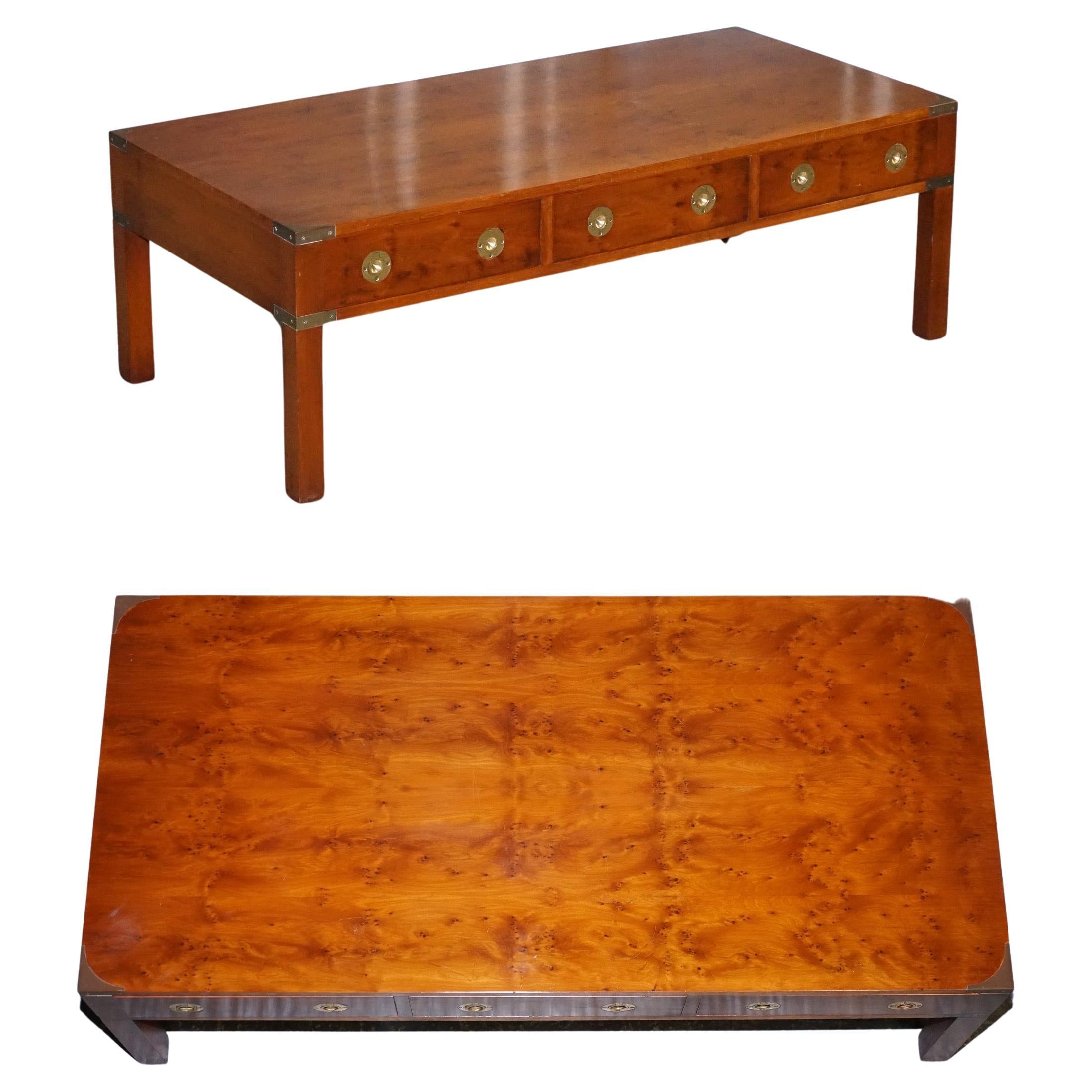 Restored Burr Yew & Elm Wood Brass Military Campaign Three Drawer Coffee Table