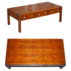 Restored Burr Yew & Elm Wood Brass Military Campaign Three Drawer Coffee Table