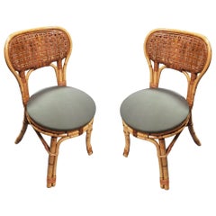 Restored Calif-Asia Style Rattan Wicker Fan Back Dining Side Chair, Pair