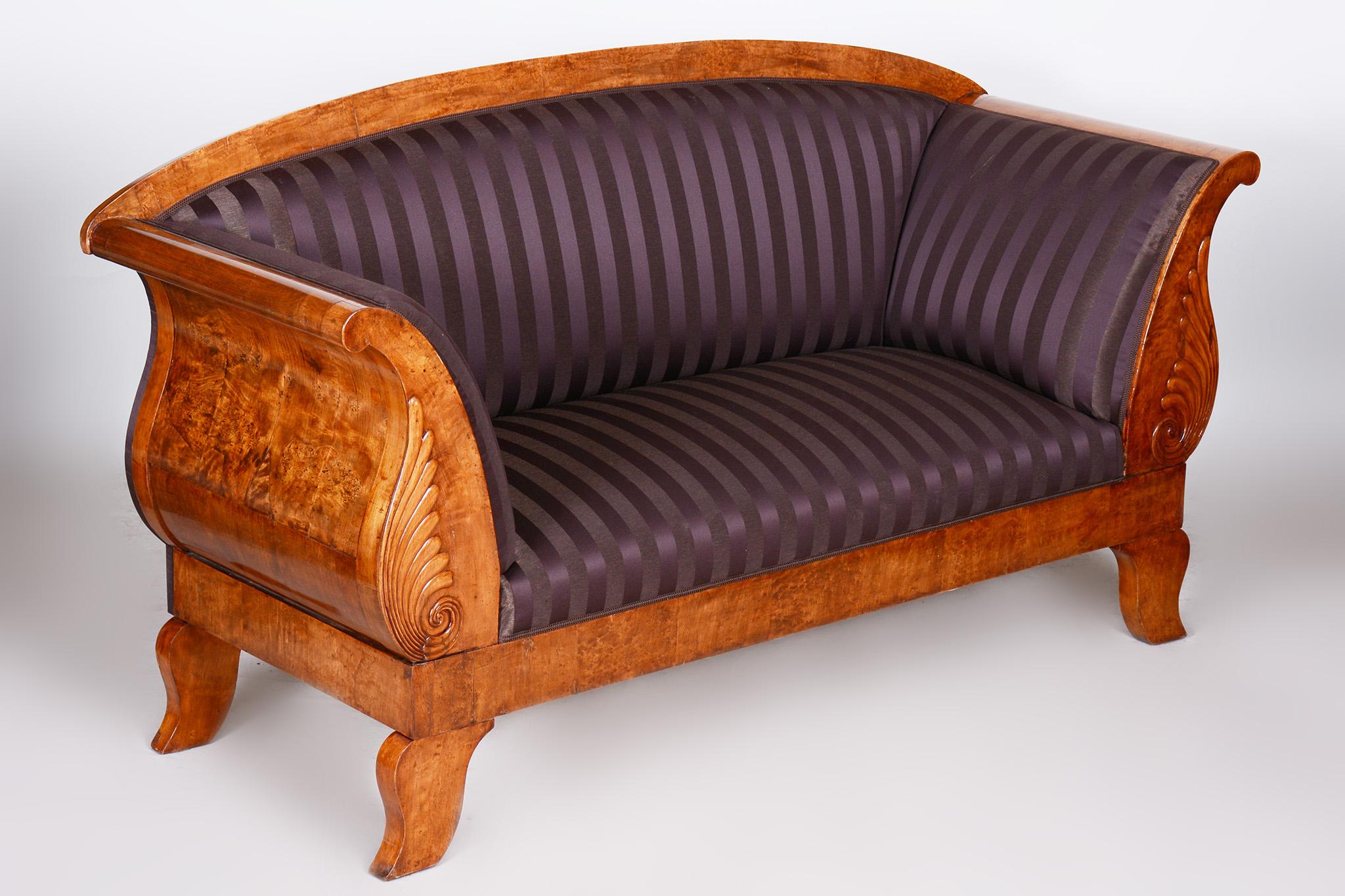Fabric Restored Castle Biedermeier Birch Sofa, New Upholstery, Sweden, 1820s For Sale