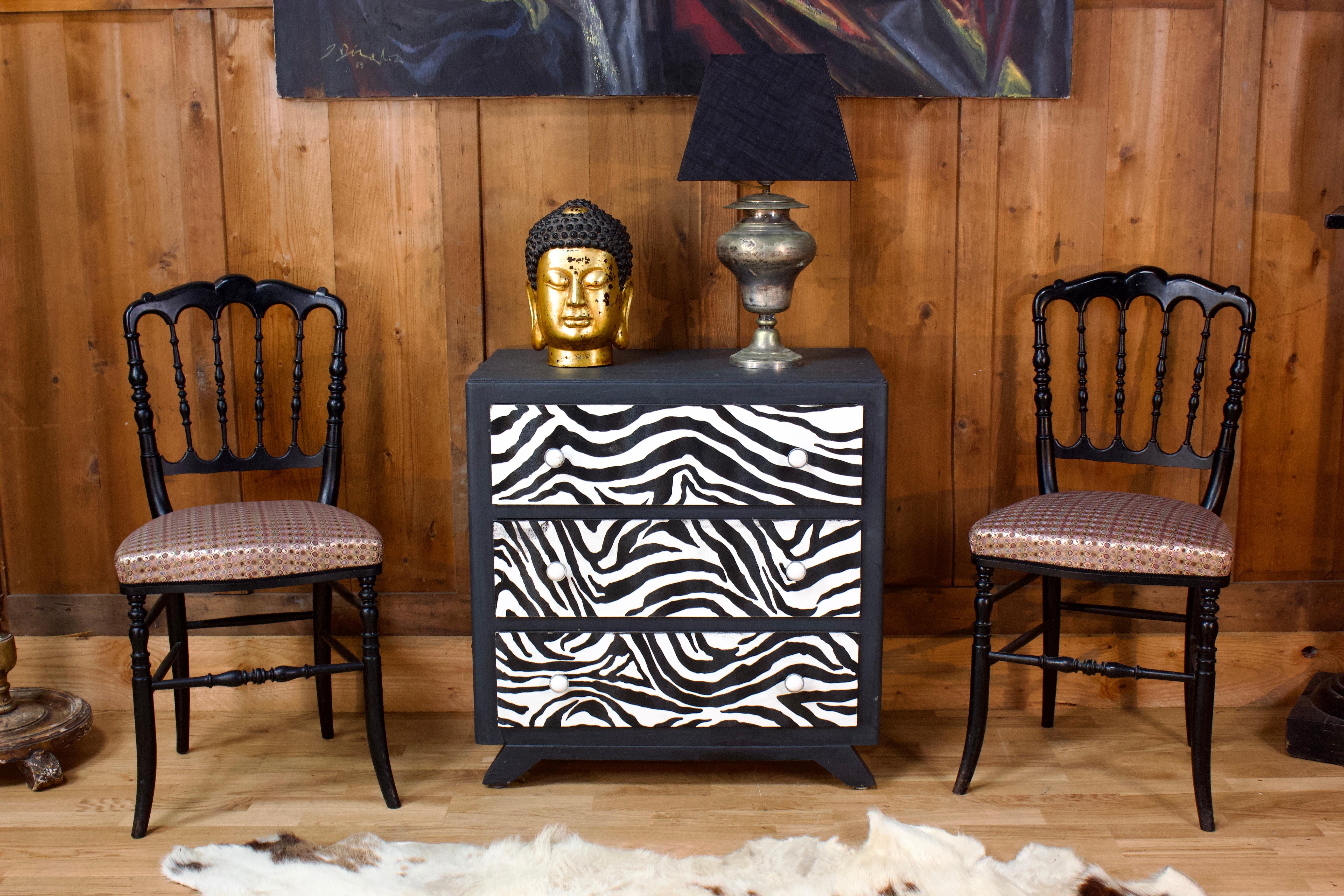 Wood Restored Chest Of Drawers With Zebra Tapestry  20th Century For Sale