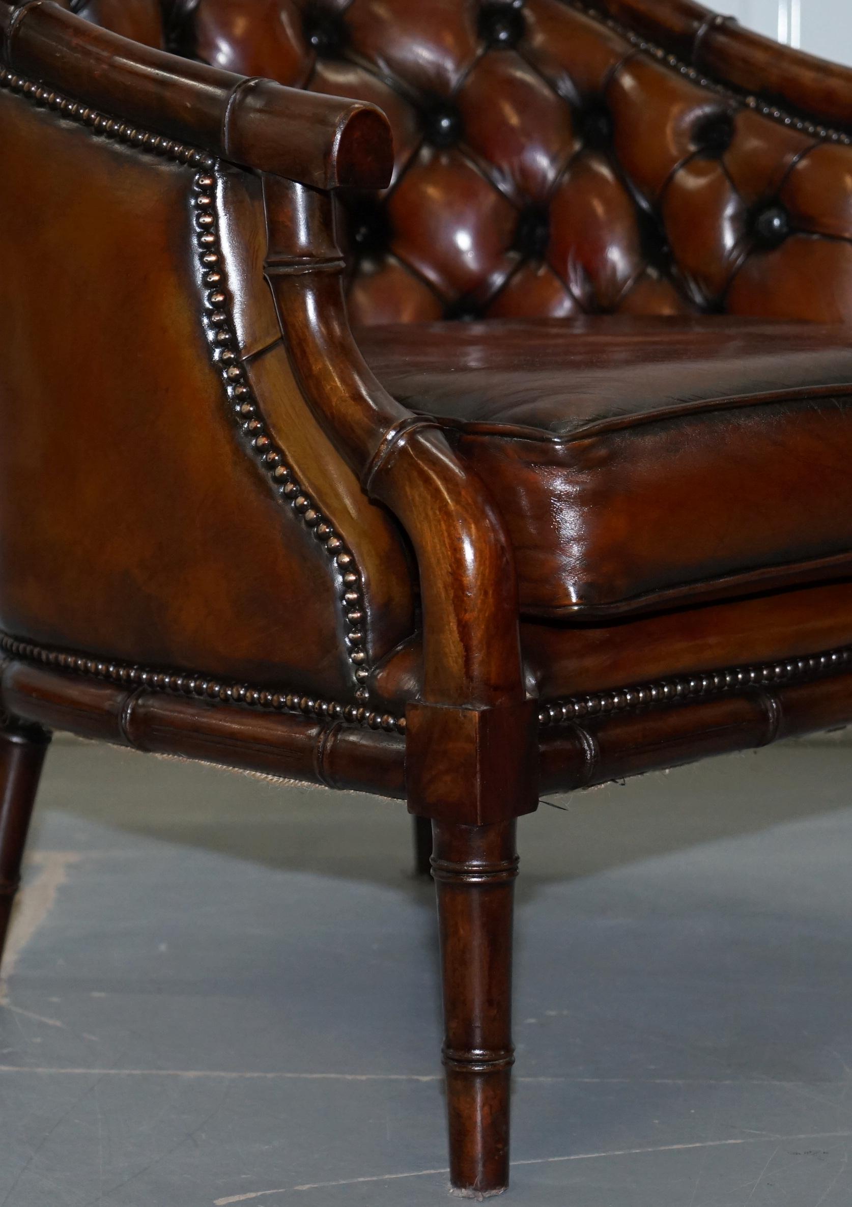 Restored Chesterfield Brown Leather Hand Dyed Suite Armchairs Sofa Faux Bamboo 3