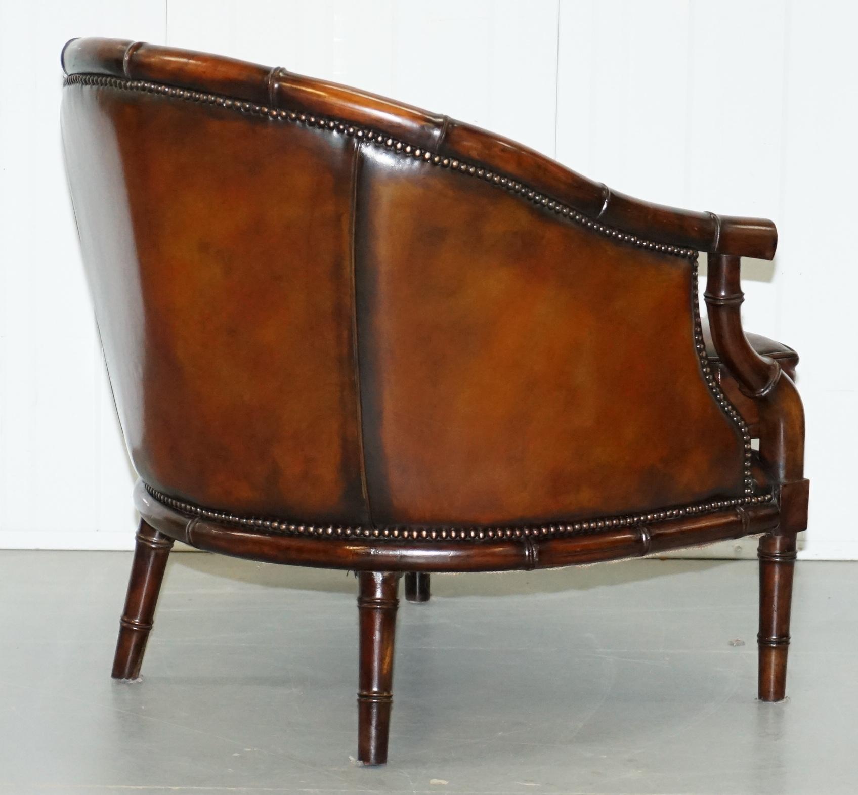 Restored Chesterfield Brown Leather Hand Dyed Suite Armchairs Sofa Faux Bamboo 5