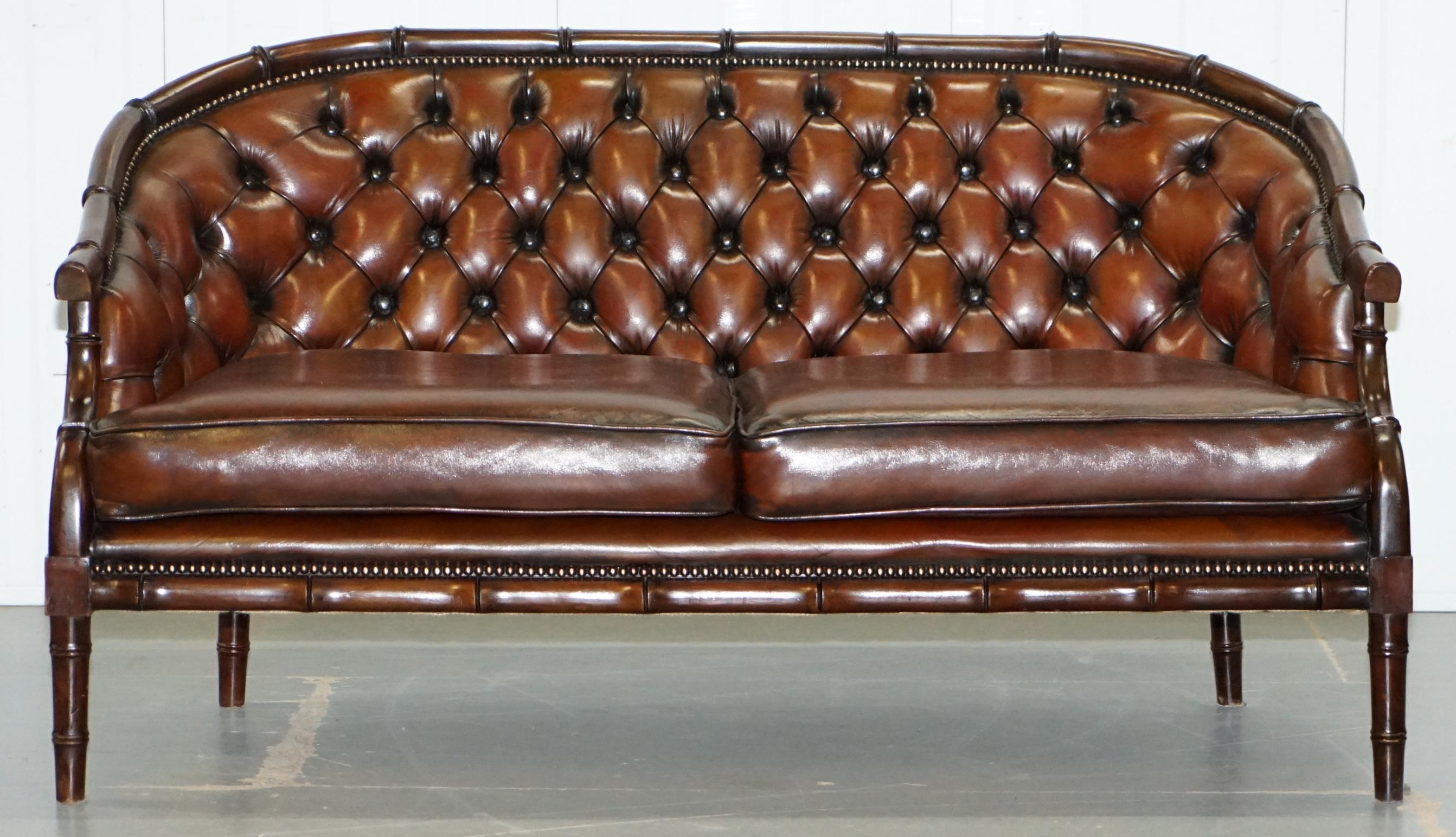 Restored Chesterfield Brown Leather Hand Dyed Suite Armchairs Sofa Faux Bamboo 10