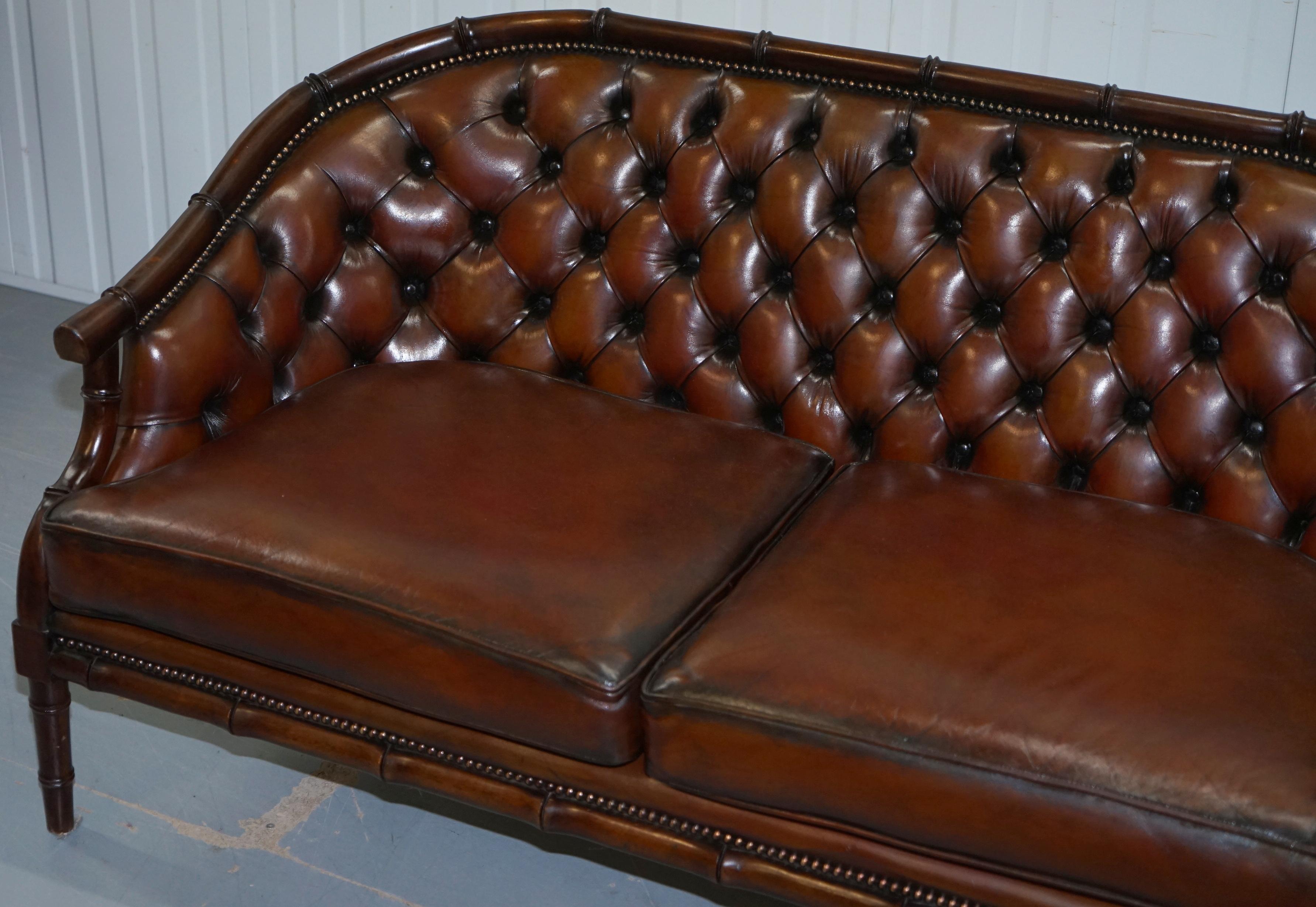 Restored Chesterfield Brown Leather Hand Dyed Suite Armchairs Sofa Faux Bamboo 11