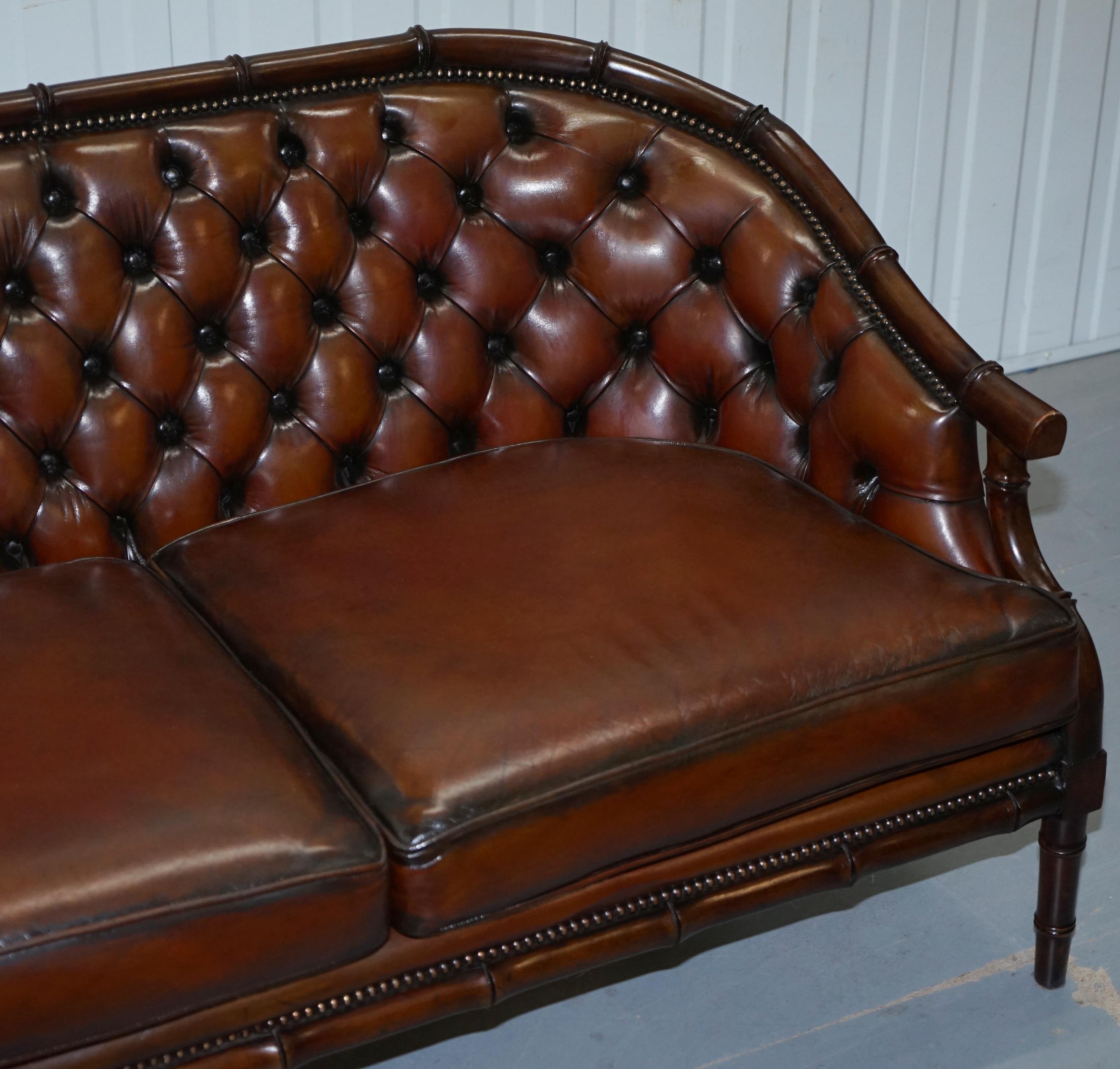 Restored Chesterfield Brown Leather Hand Dyed Suite Armchairs Sofa Faux Bamboo 12