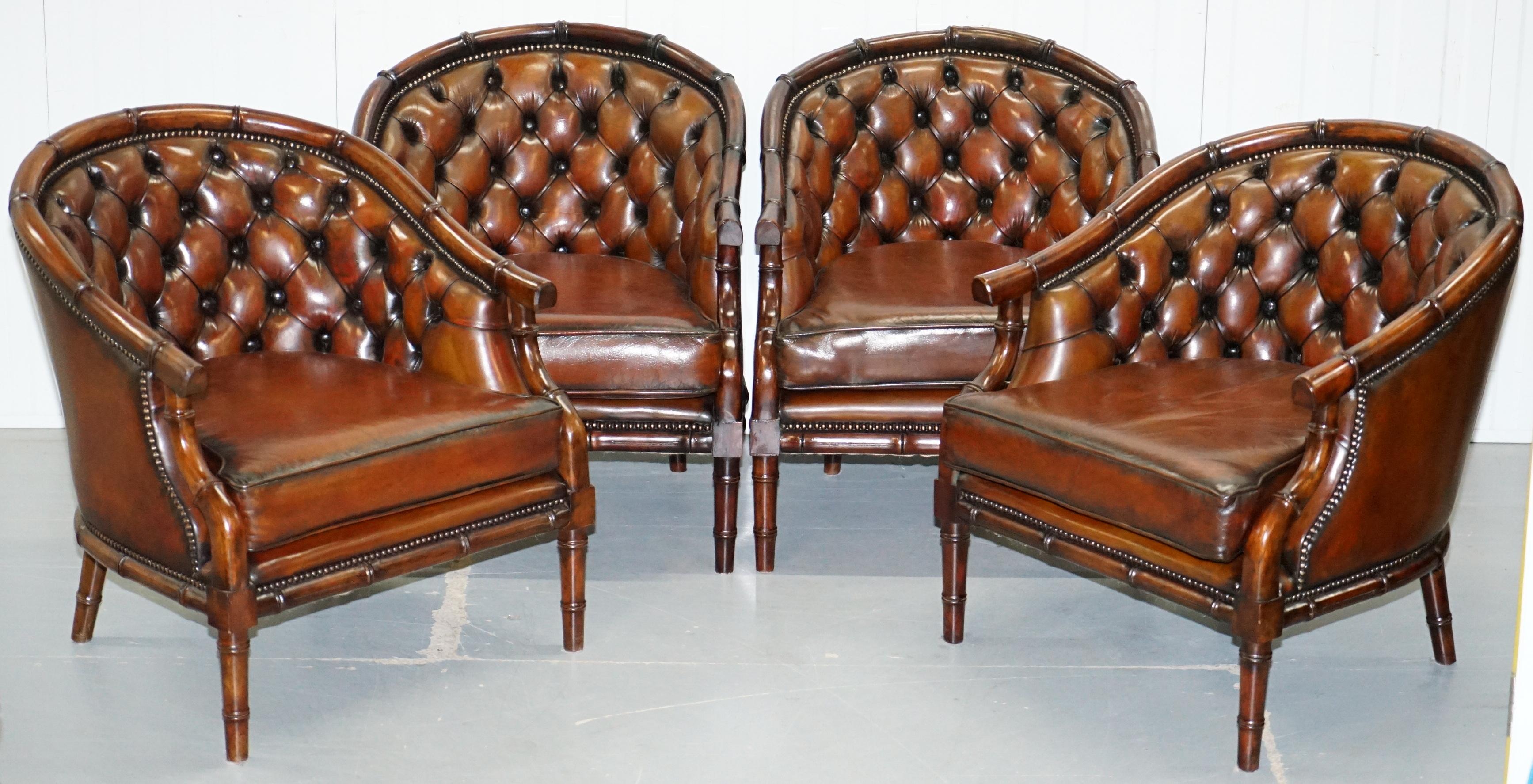 We are delighted to this very rare midcentury circa 1900s suite of fully restored Chesterfield armchairs with sofa with Famboo frame work

A very desirable and highly collectable suite, the frames are all hand carved from mahogany and are what’s