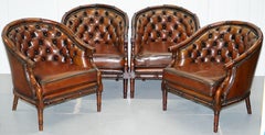 Restored Chesterfield Brown Leather Hand Dyed Suite Armchairs Sofa Faux Bamboo