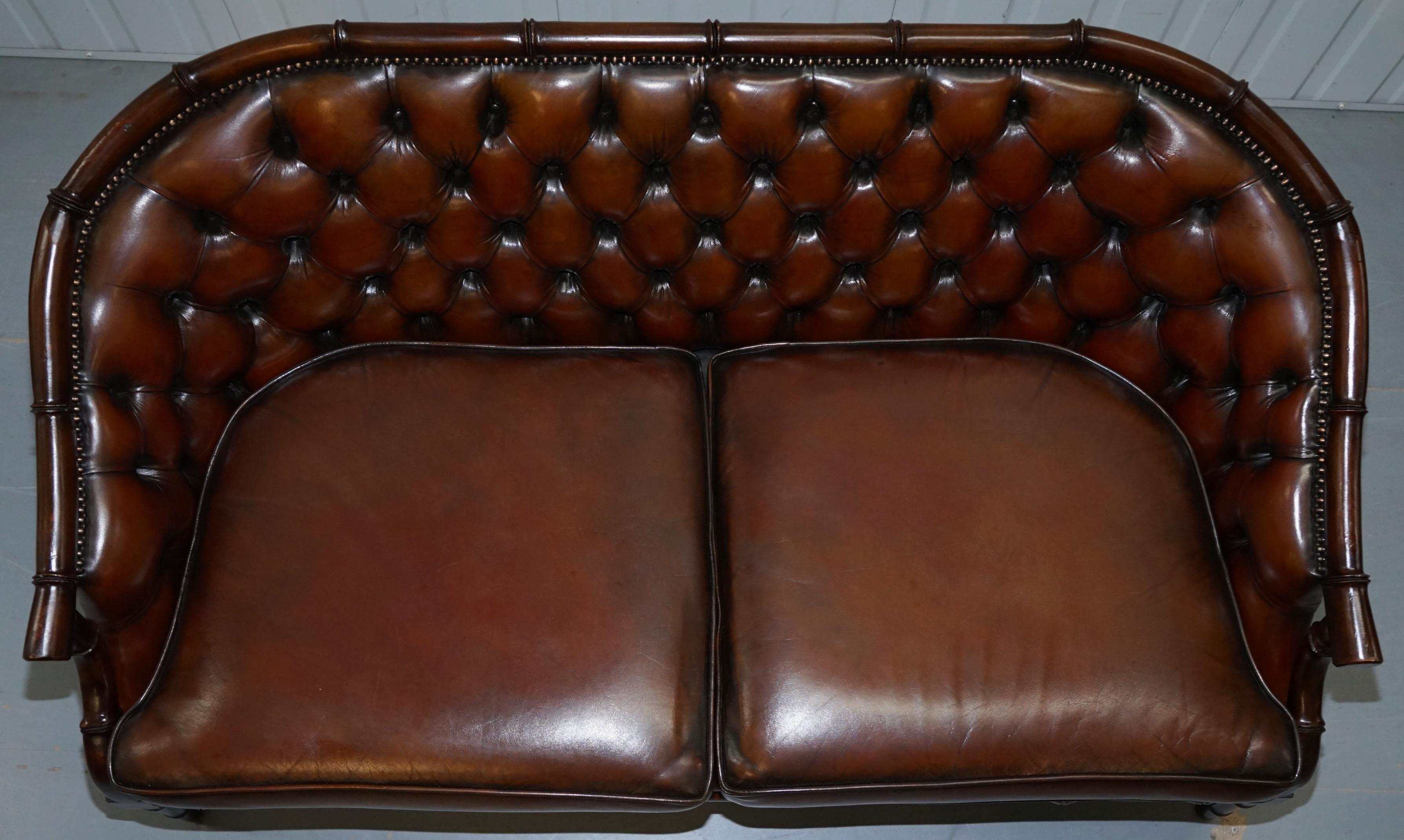 Restored Chesterfield Brown Leather Hand Dyed Suite Armchairs Sofa Faux Bamboo 13