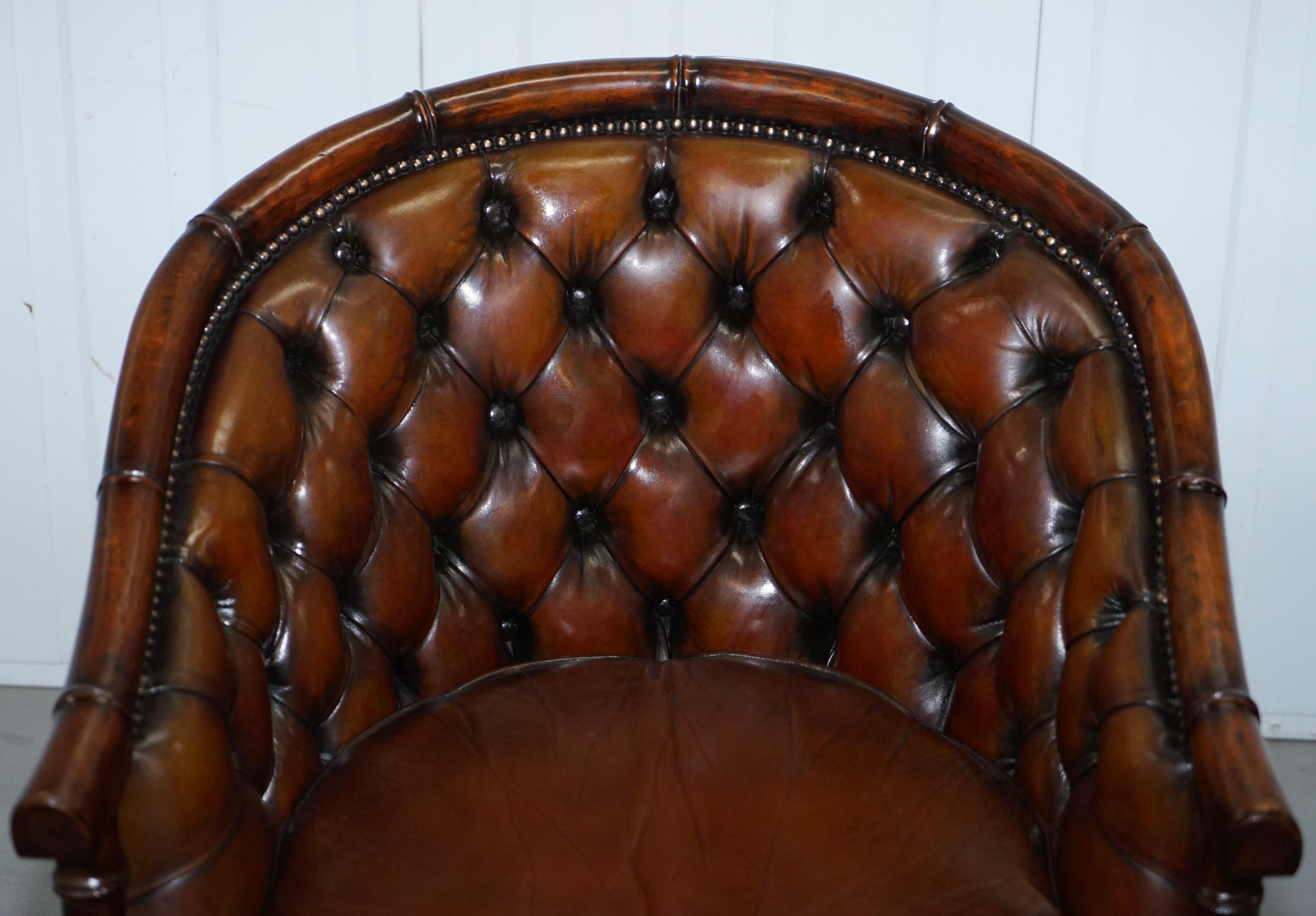 English Restored Chesterfield Brown Leather Hand Dyed Suite Armchairs Sofa Faux Bamboo