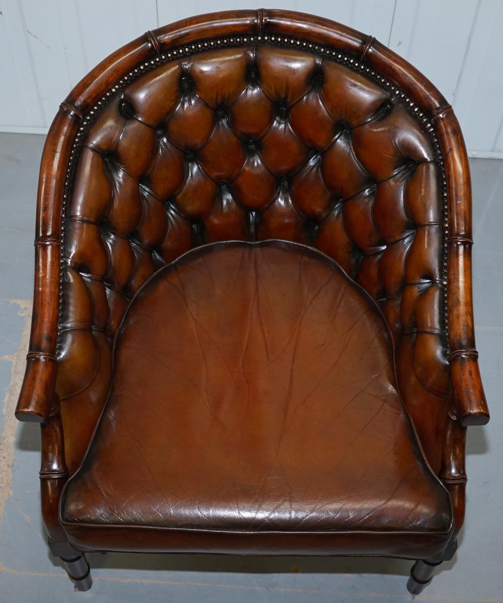 Hand-Crafted Restored Chesterfield Brown Leather Hand Dyed Suite Armchairs Sofa Faux Bamboo