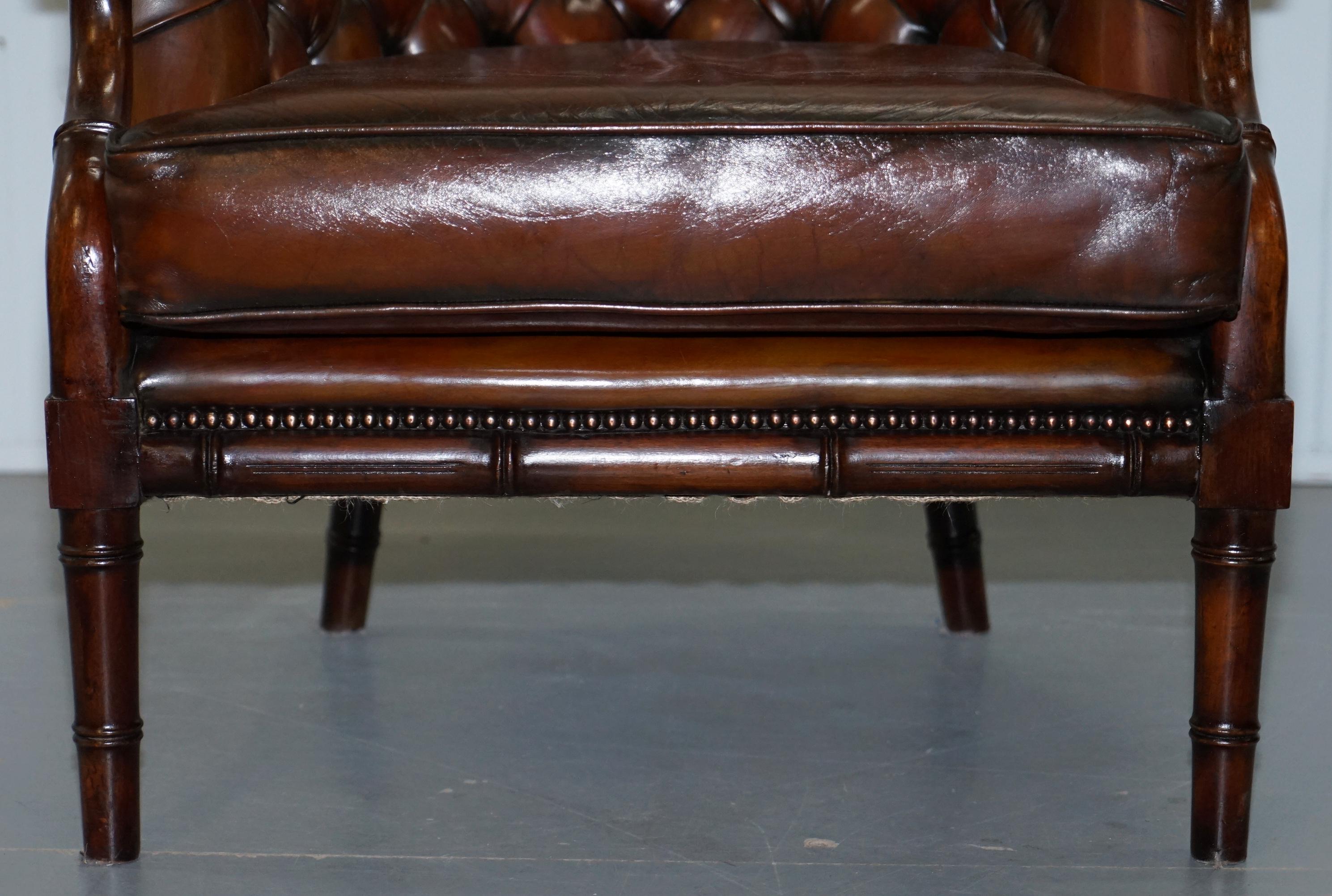 Restored Chesterfield Brown Leather Hand Dyed Suite Armchairs Sofa Faux Bamboo 2