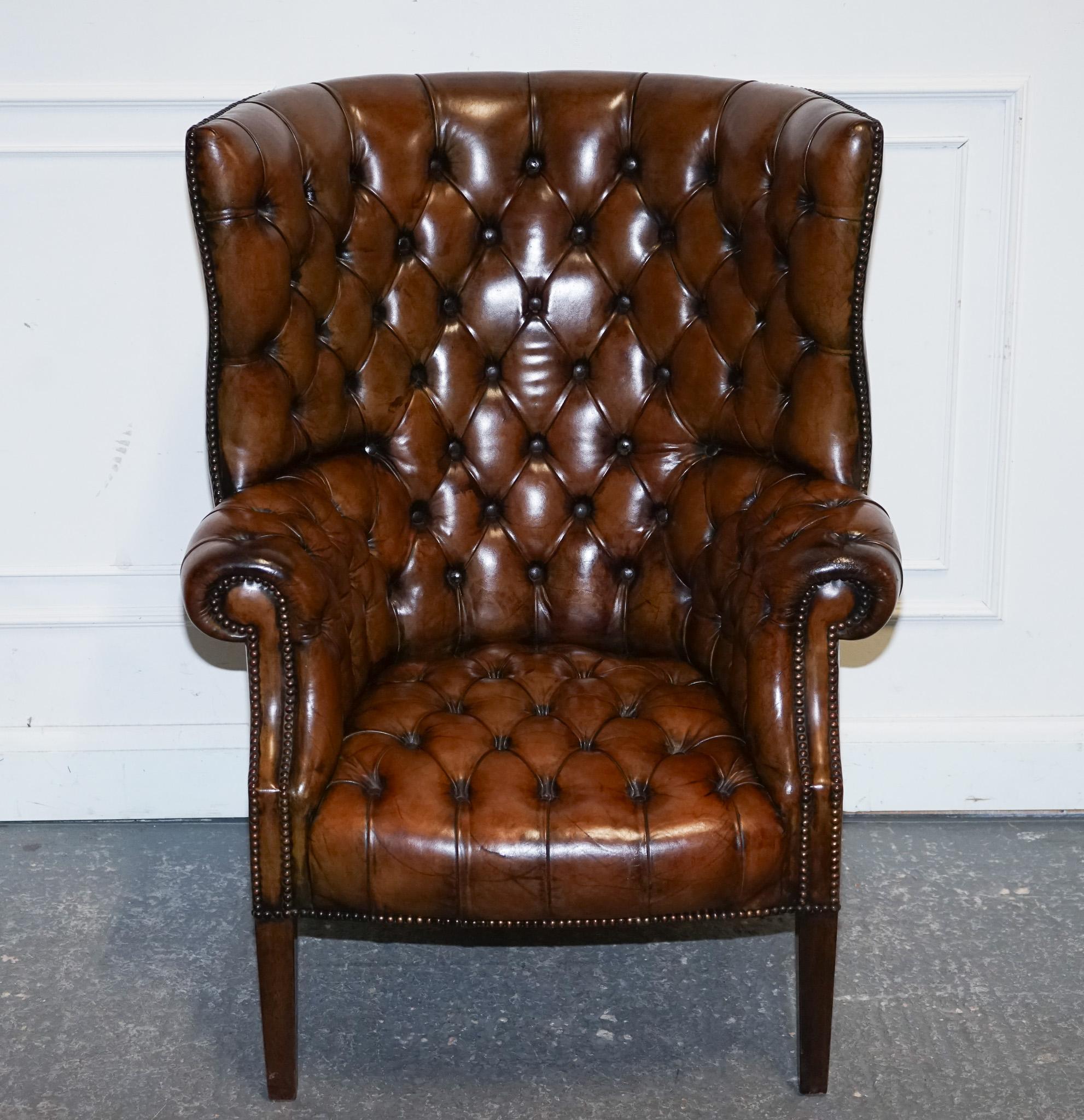 RESTORED CHESTERFIELD HANDGEFÄRBTES LEINER PORTERS WINGBACK ARMCHAiR (Britisch) im Angebot