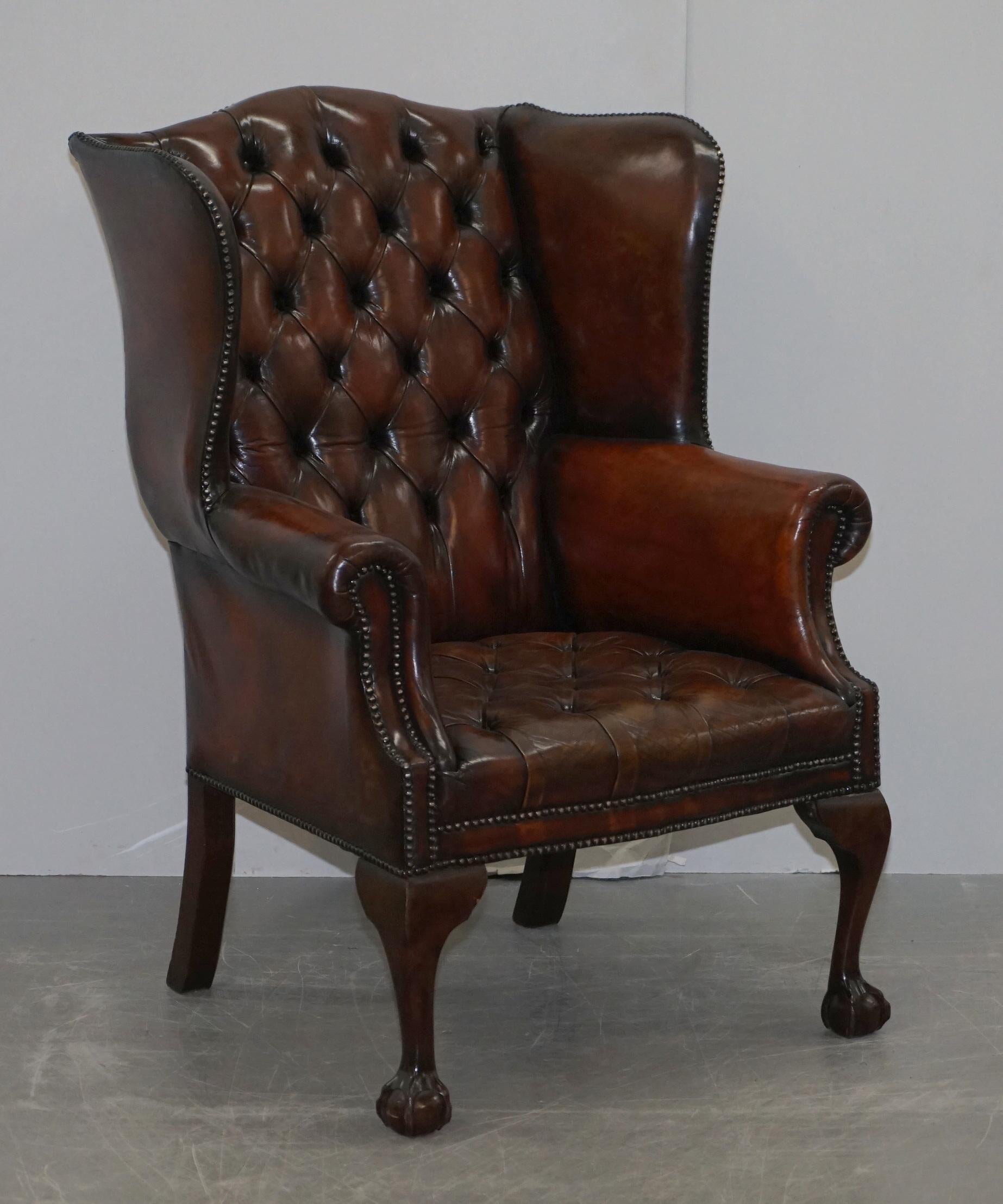 Restored Chesterfield His & Hers Claw & Ball Wing Brown Leather Armchairs Pair 2 5