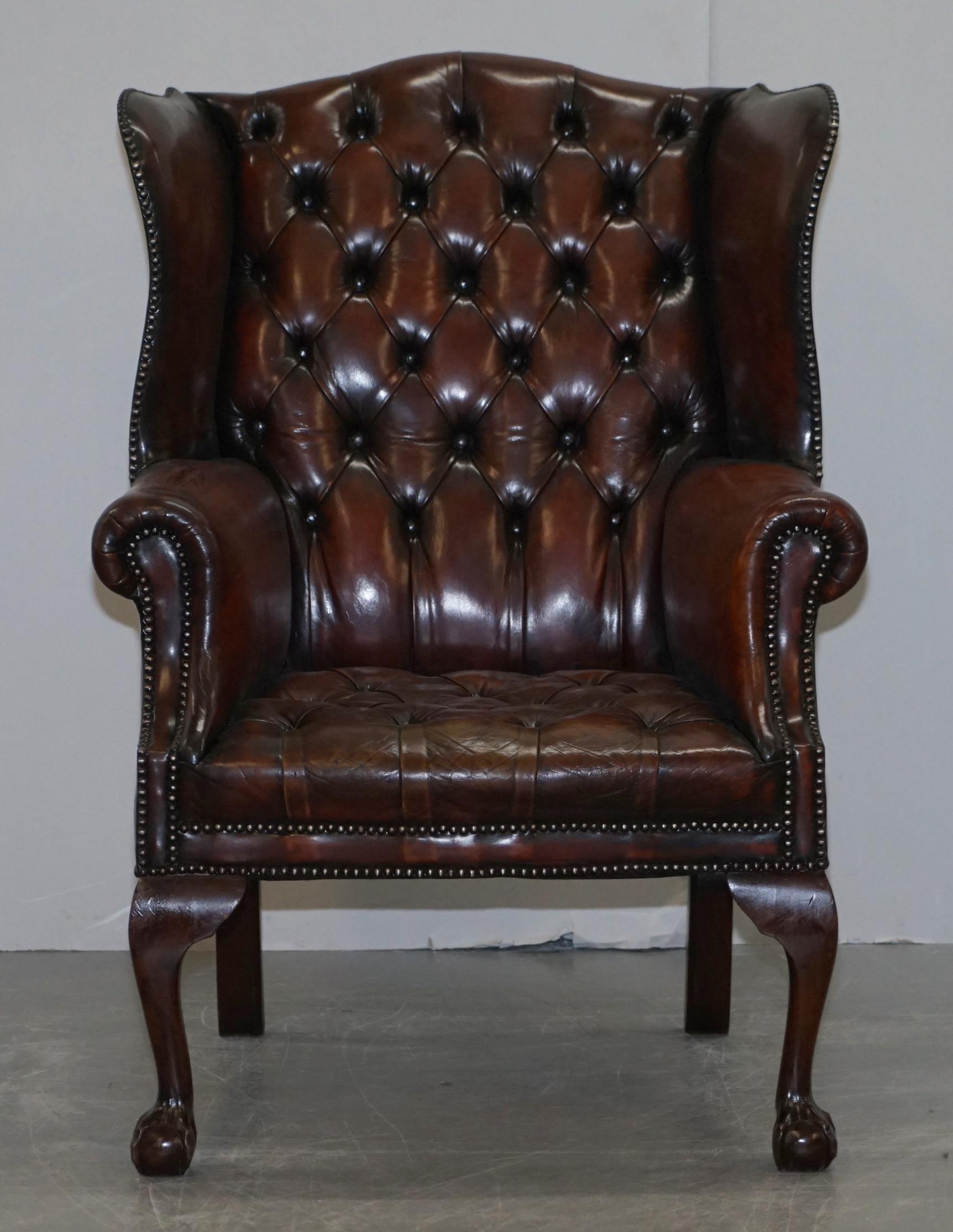 Restored Chesterfield His & Hers Claw & Ball Wing Brown Leather Armchairs Pair 2 6
