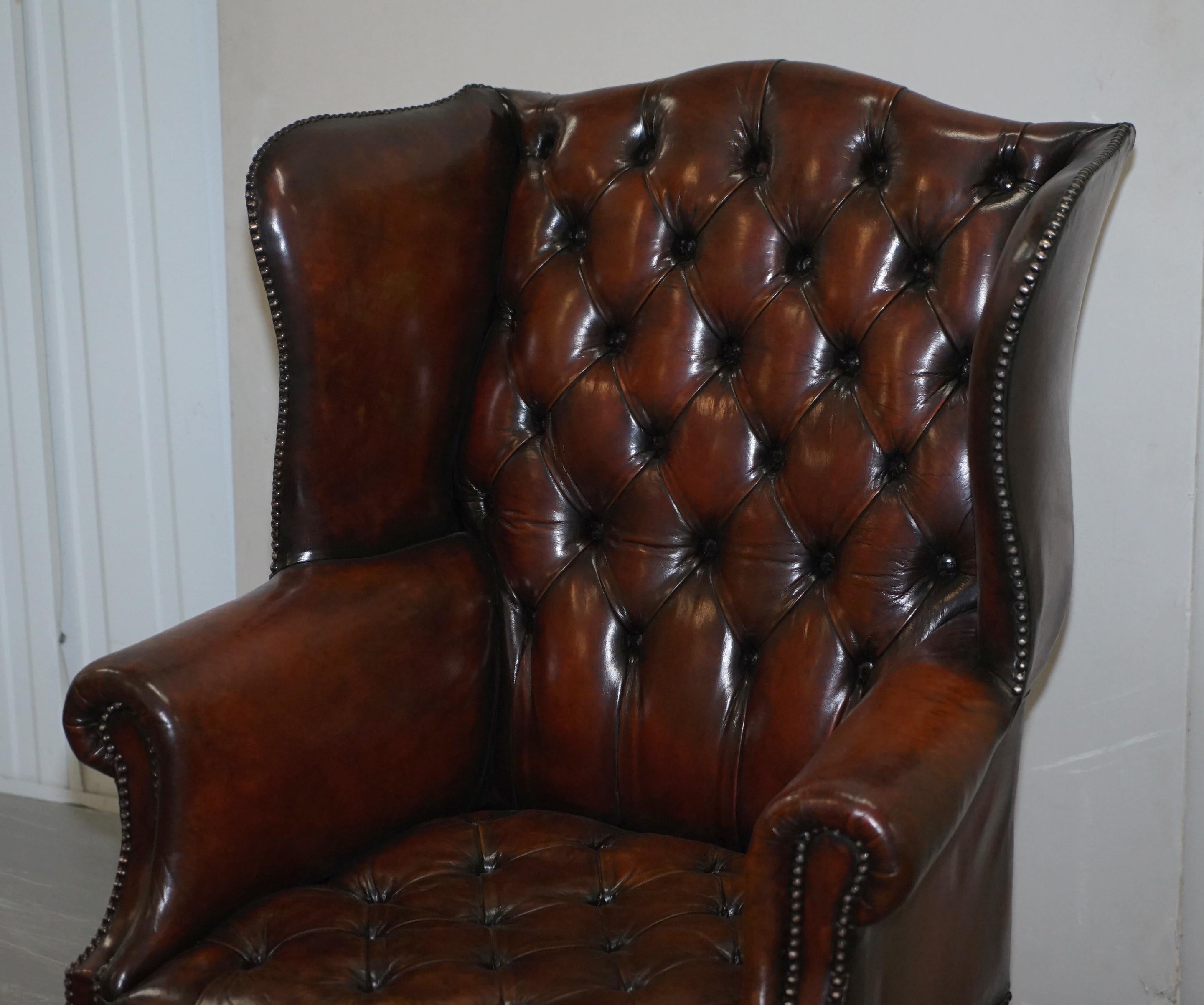 Restored Chesterfield His & Hers Claw & Ball Wing Brown Leather Armchairs Pair 2 7