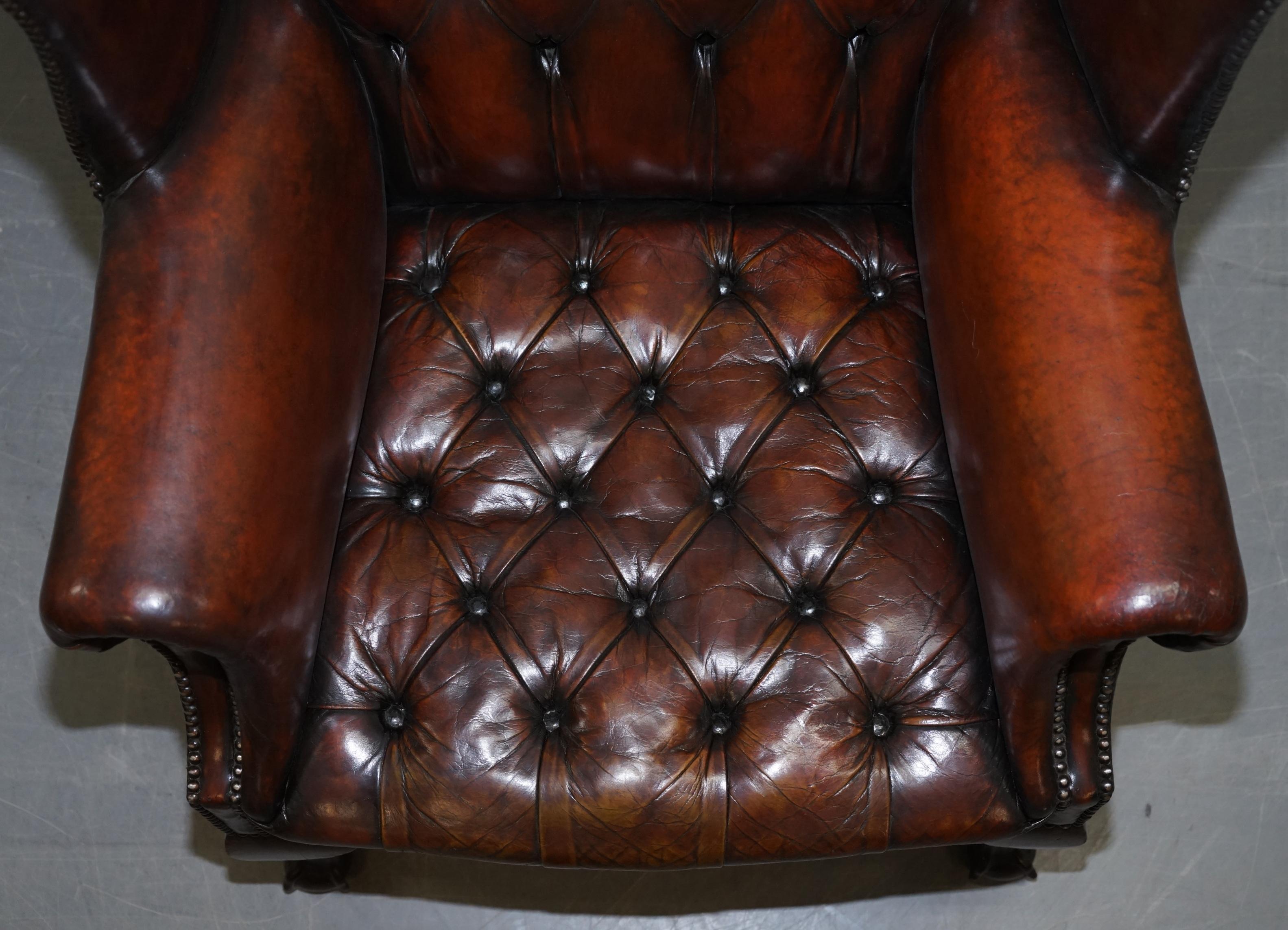 Restored Chesterfield His & Hers Claw & Ball Wing Brown Leather Armchairs Pair 2 8
