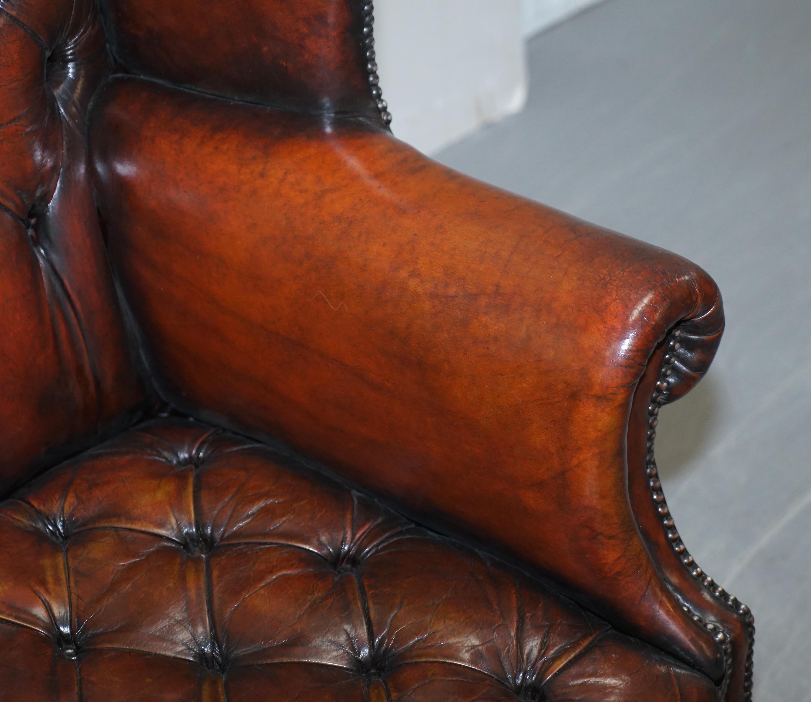 Restored Chesterfield His & Hers Claw & Ball Wing Brown Leather Armchairs Pair 2 9