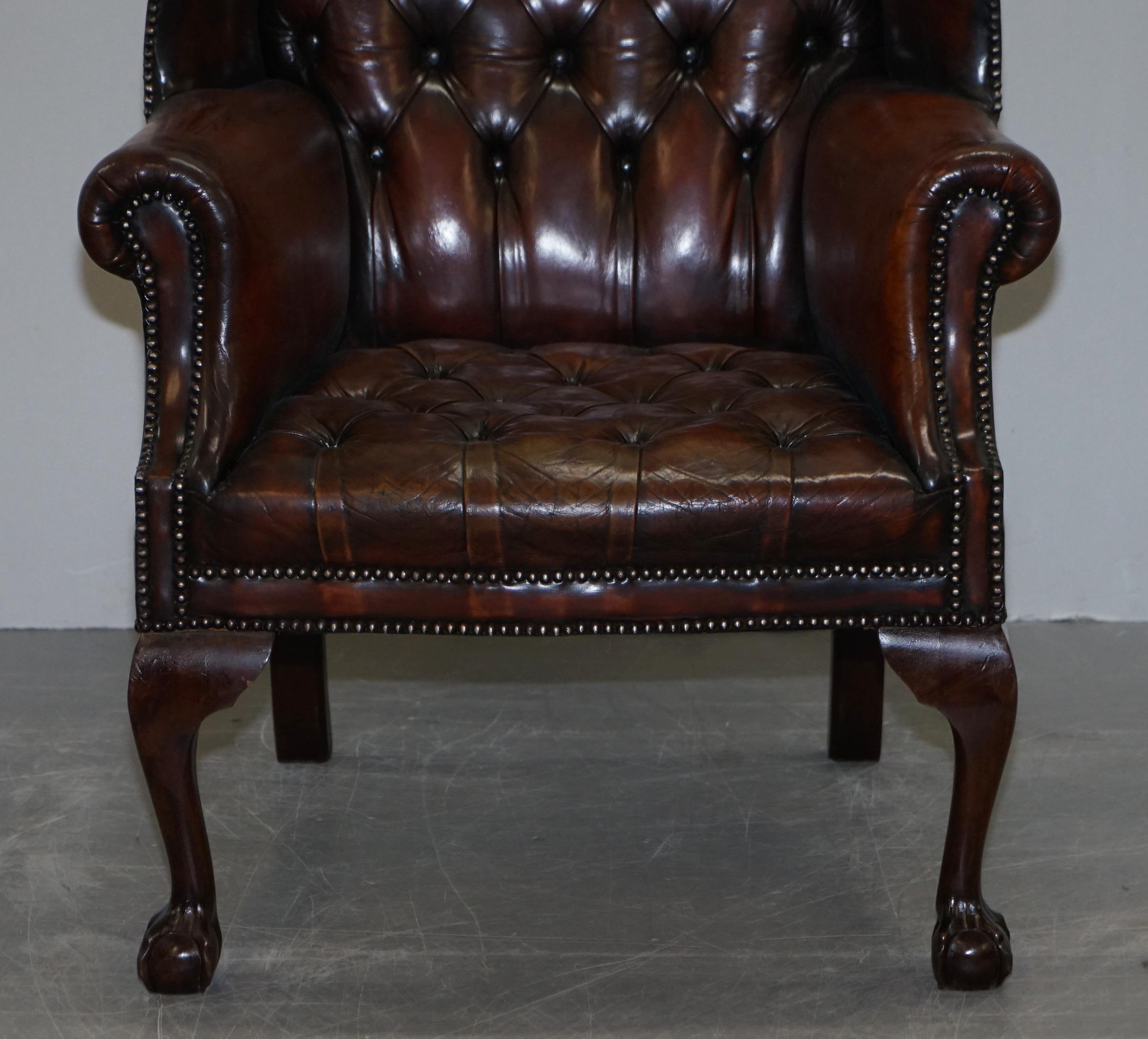 Restored Chesterfield His & Hers Claw & Ball Wing Brown Leather Armchairs Pair 2 10
