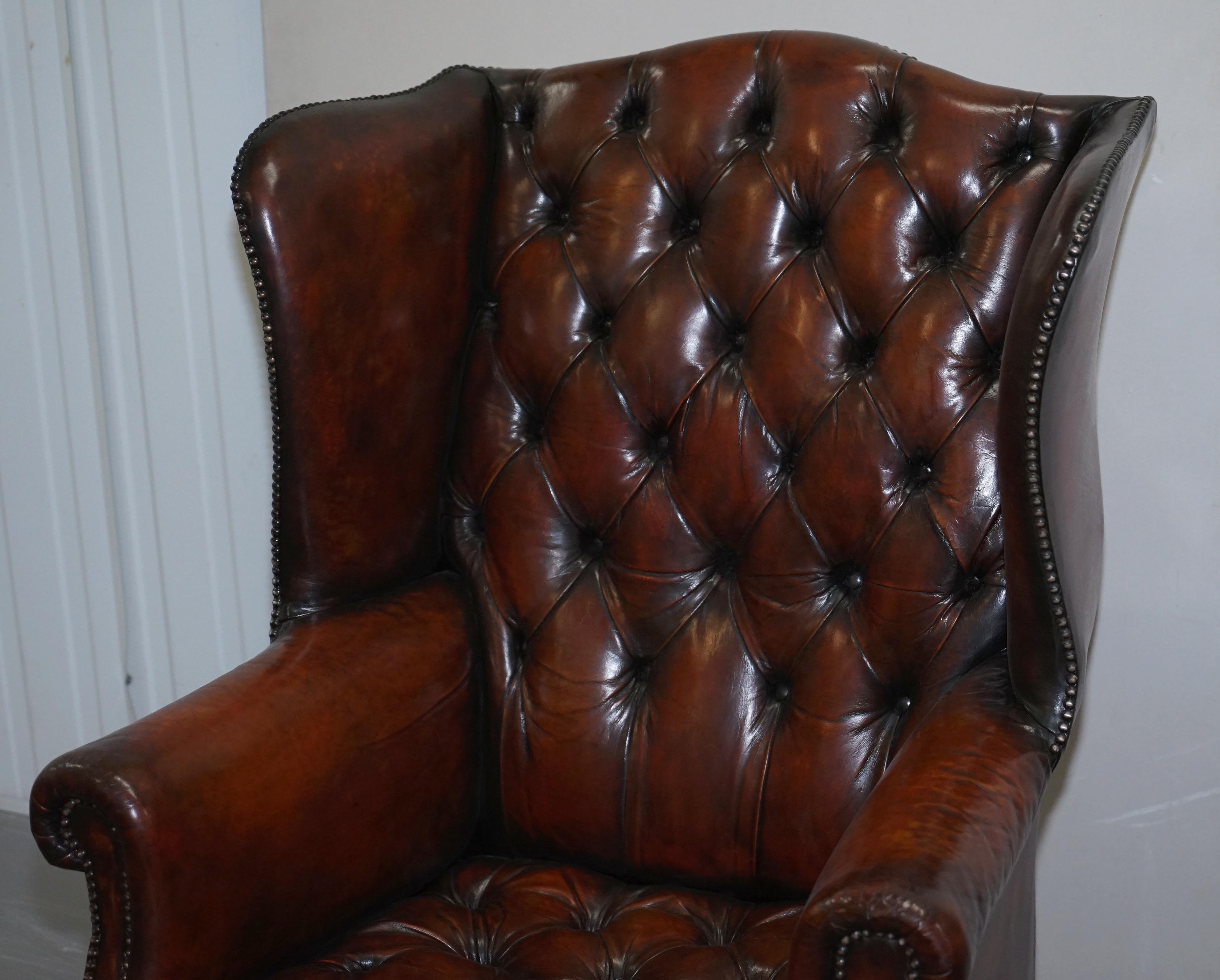 Edwardian Restored Chesterfield His & Hers Claw & Ball Wing Brown Leather Armchairs Pair 2
