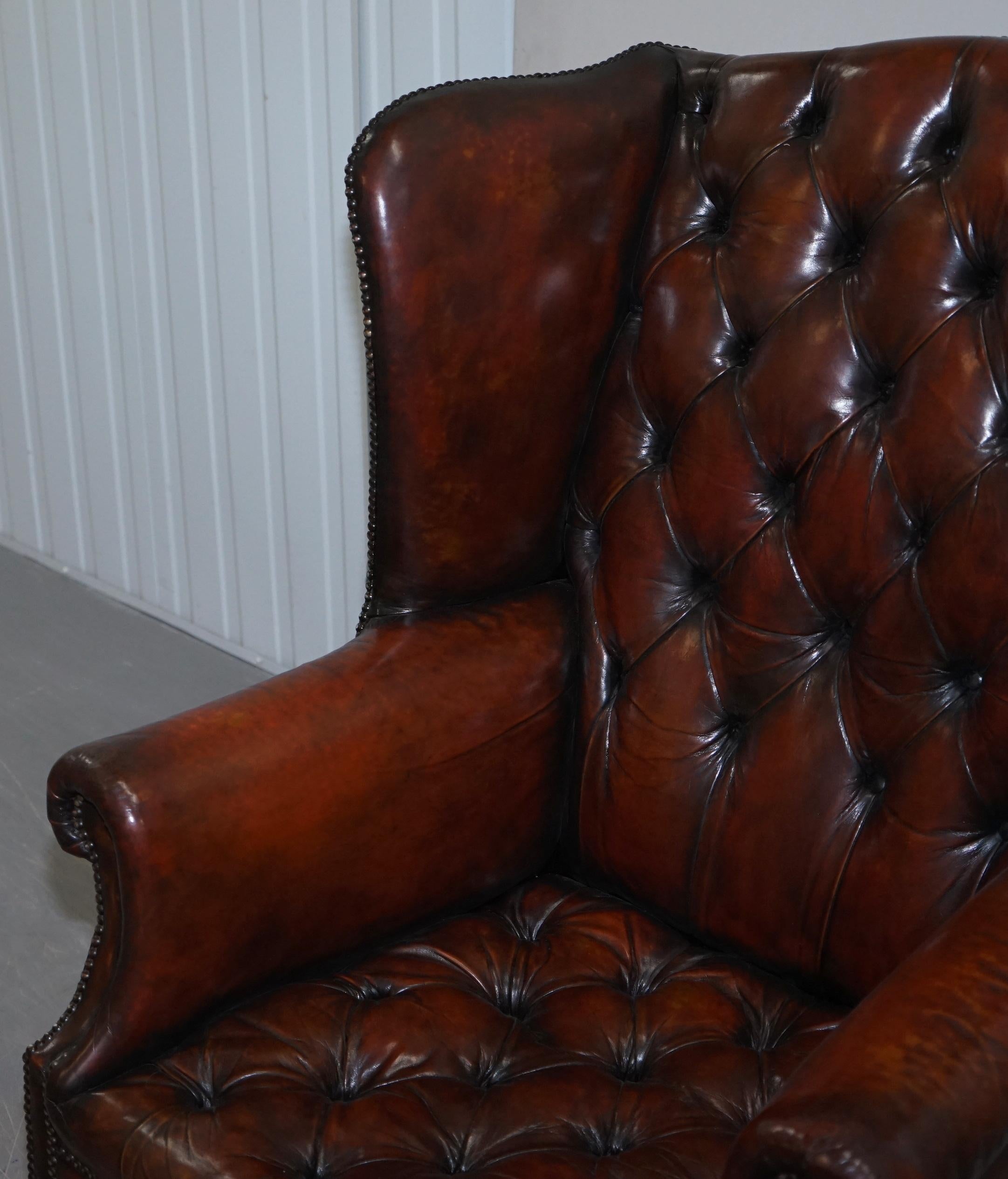 English Restored Chesterfield His & Hers Claw & Ball Wing Brown Leather Armchairs Pair 2