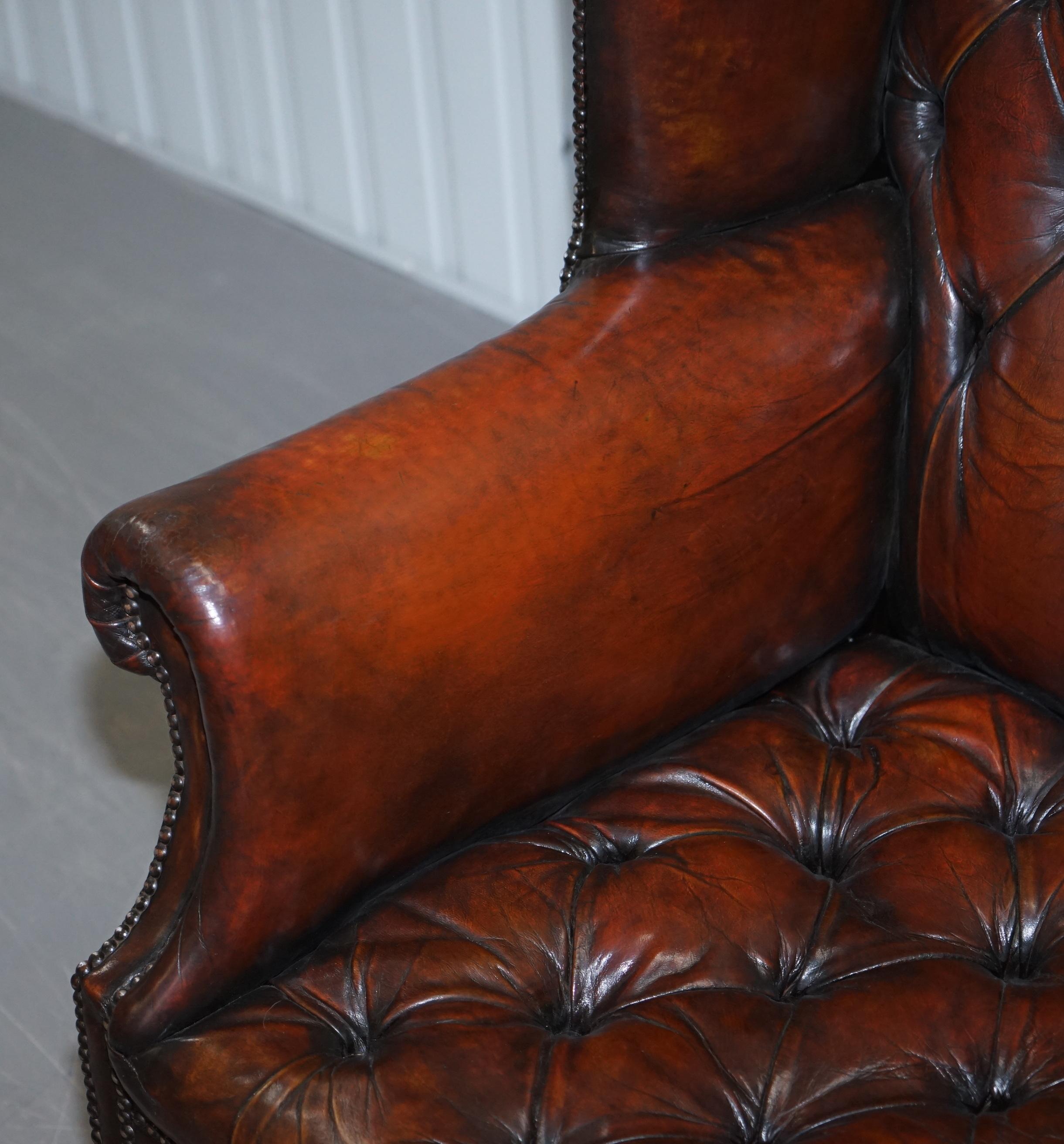 Hand-Crafted Restored Chesterfield His & Hers Claw & Ball Wing Brown Leather Armchairs Pair 2