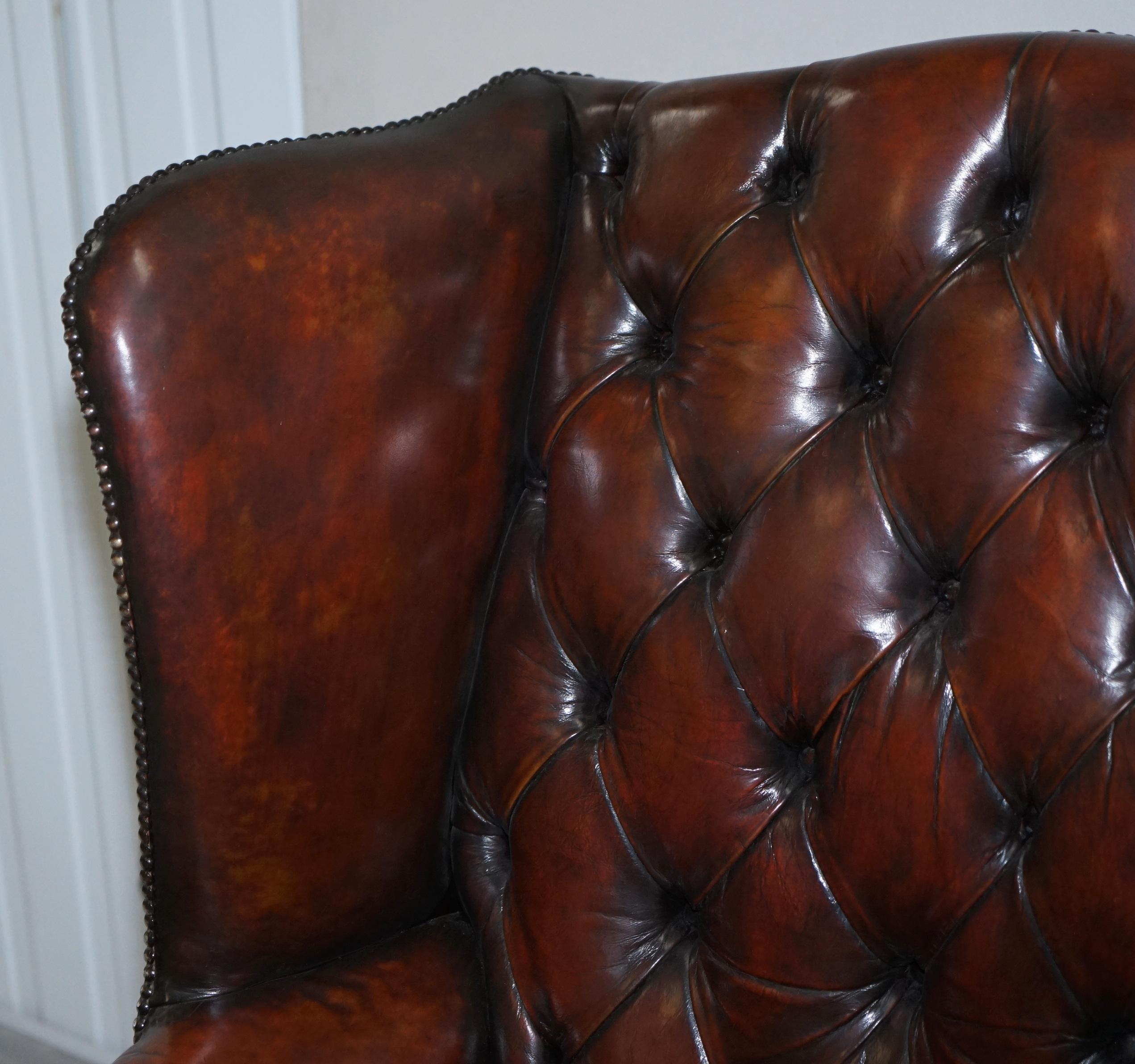 Early 20th Century Restored Chesterfield His & Hers Claw & Ball Wing Brown Leather Armchairs Pair 2