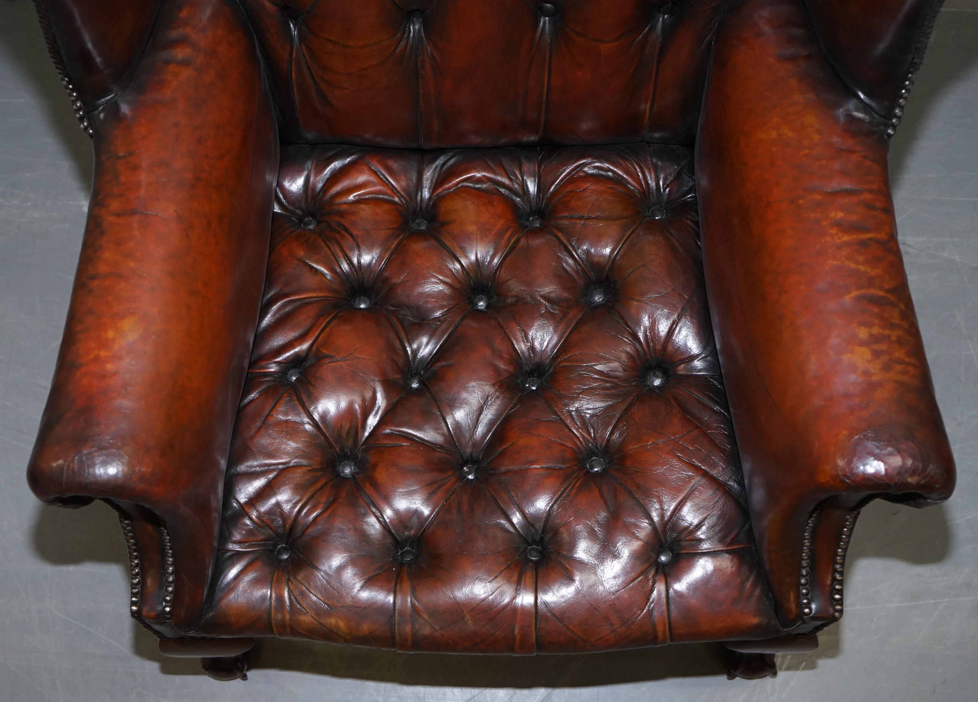 Restored Chesterfield His & Hers Claw & Ball Wing Brown Leather Armchairs Pair 2 1