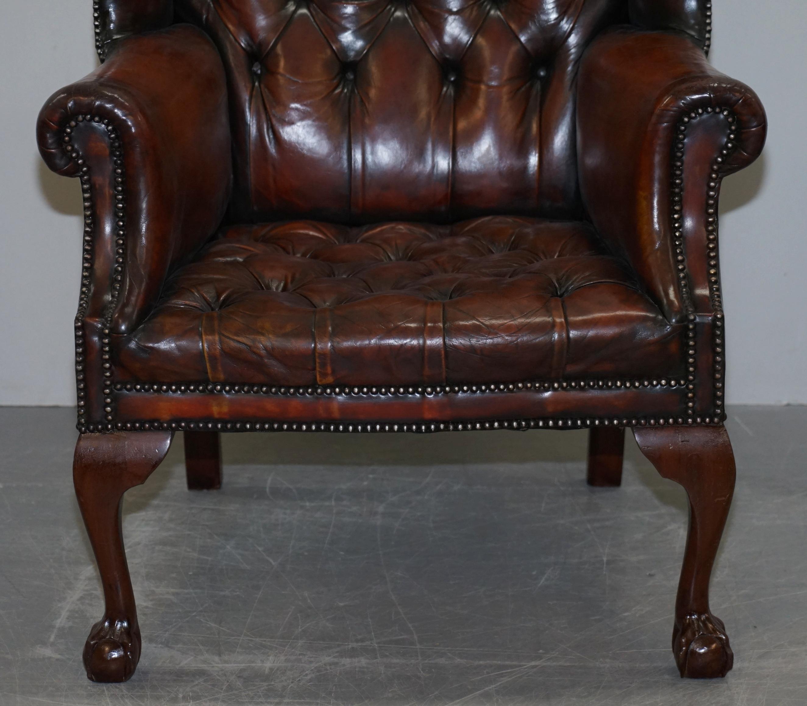 Restored Chesterfield His & Hers Claw & Ball Wing Brown Leather Armchairs Pair 2 2