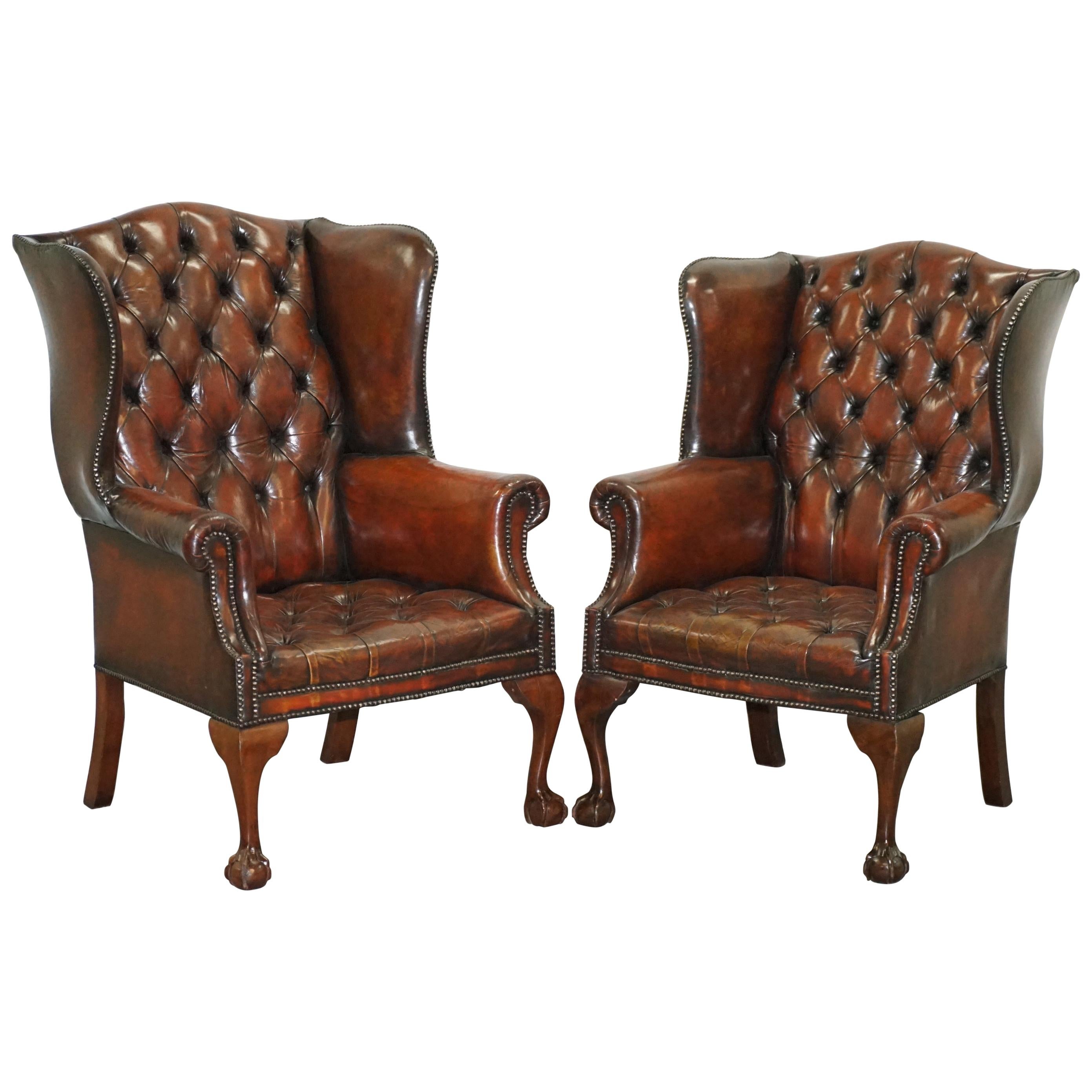 Restored Chesterfield His & Hers Claw & Ball Wing Brown Leather Armchairs Pair 2