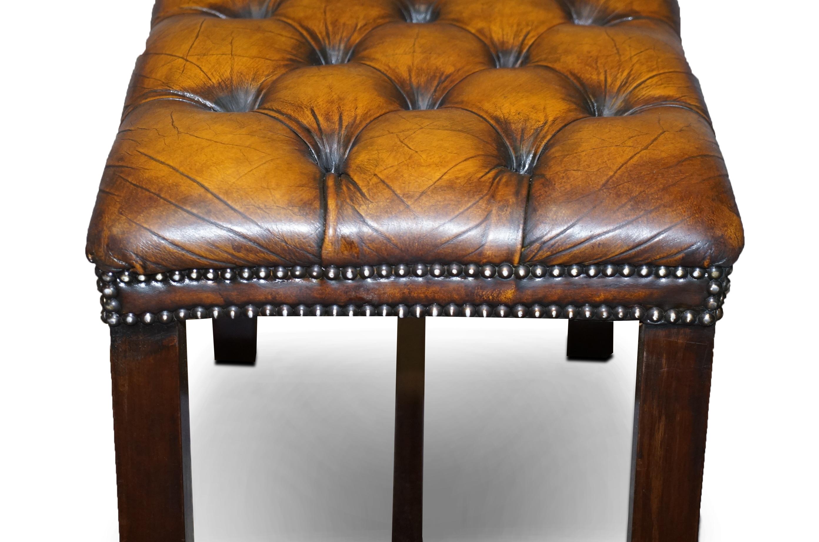 Restored Chesterfield Hardwood Framed Cigar Brown Leather Piano Bench Stool 6