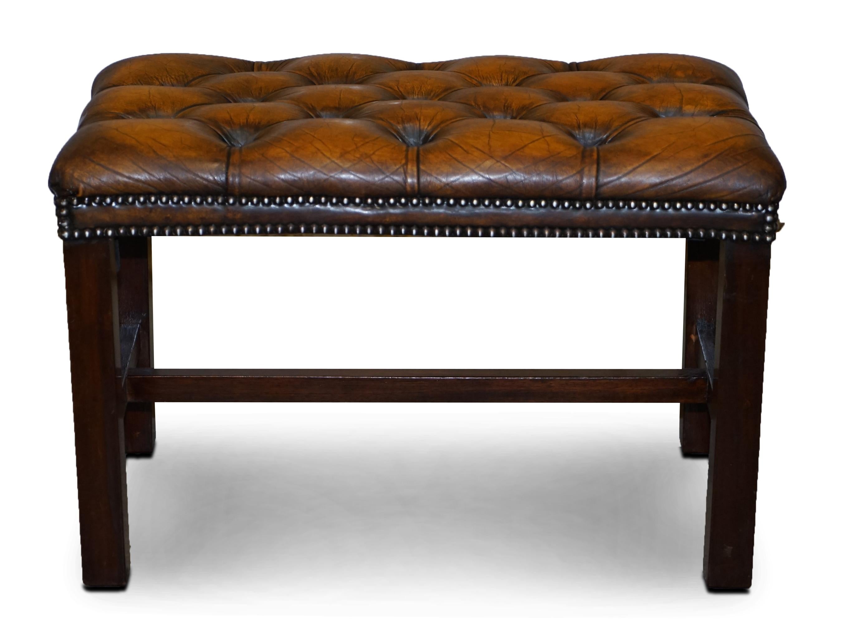 Restored Chesterfield Hardwood Framed Cigar Brown Leather Piano Bench Stool 7