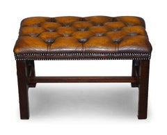 Restored Chesterfield Hardwood Framed Cigar Brown Leather Piano Bench Stool