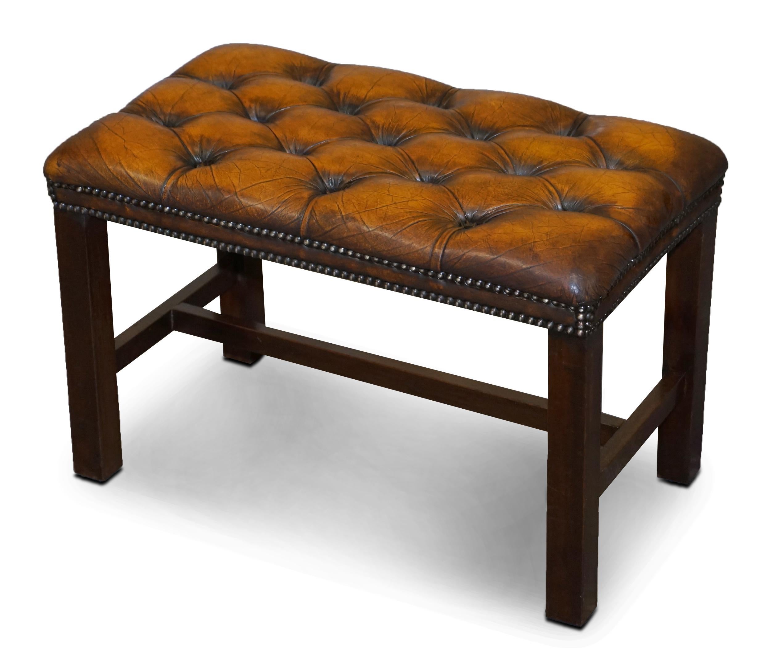 English Restored Chesterfield Hardwood Framed Cigar Brown Leather Piano Bench Stool